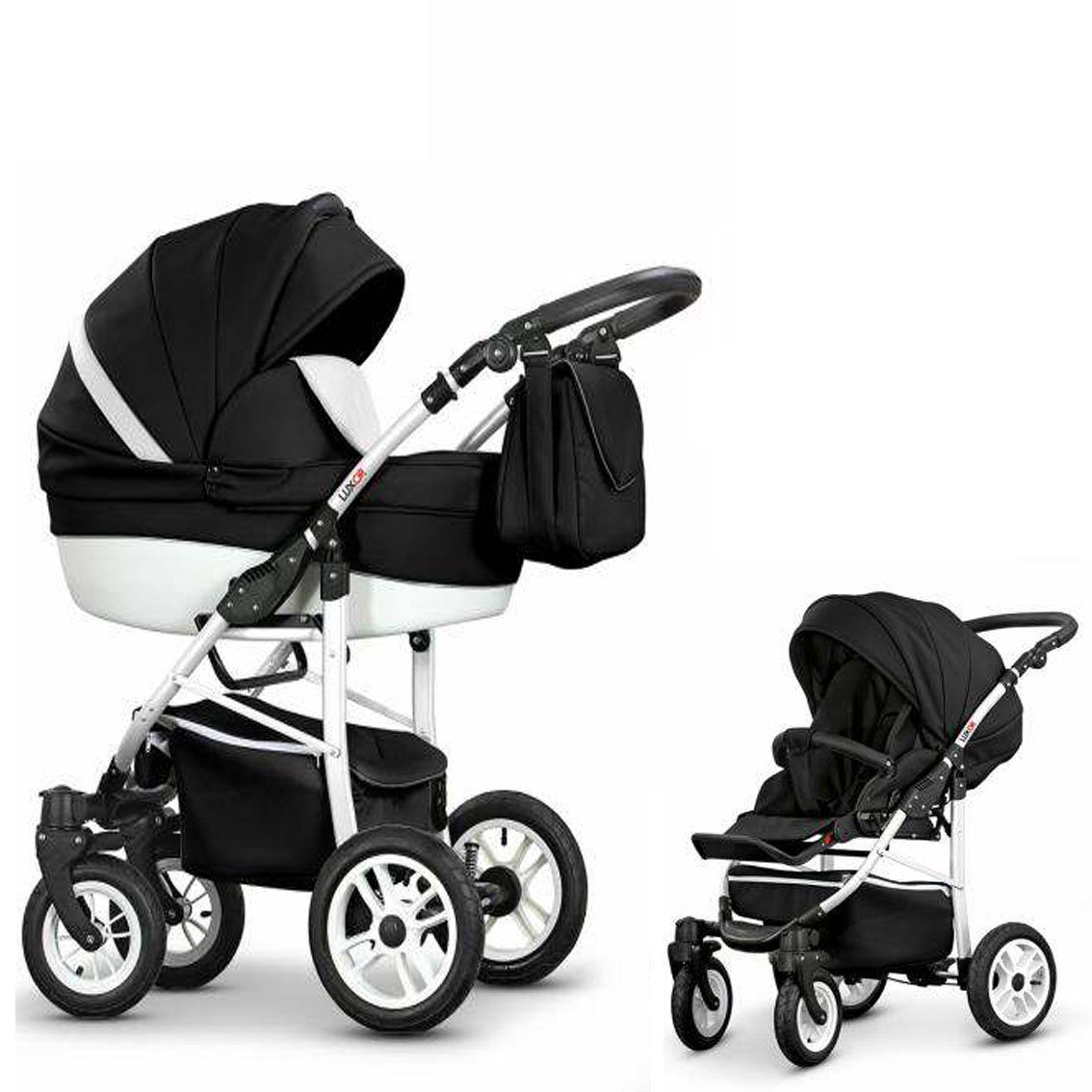babies-on-wheels Kombi-Kinderwagen 2 in 1 Kinderwagen-Set Cosmo ECO - 13 Teile - in 16 Farben Schwarz-Weiß Kunstleder