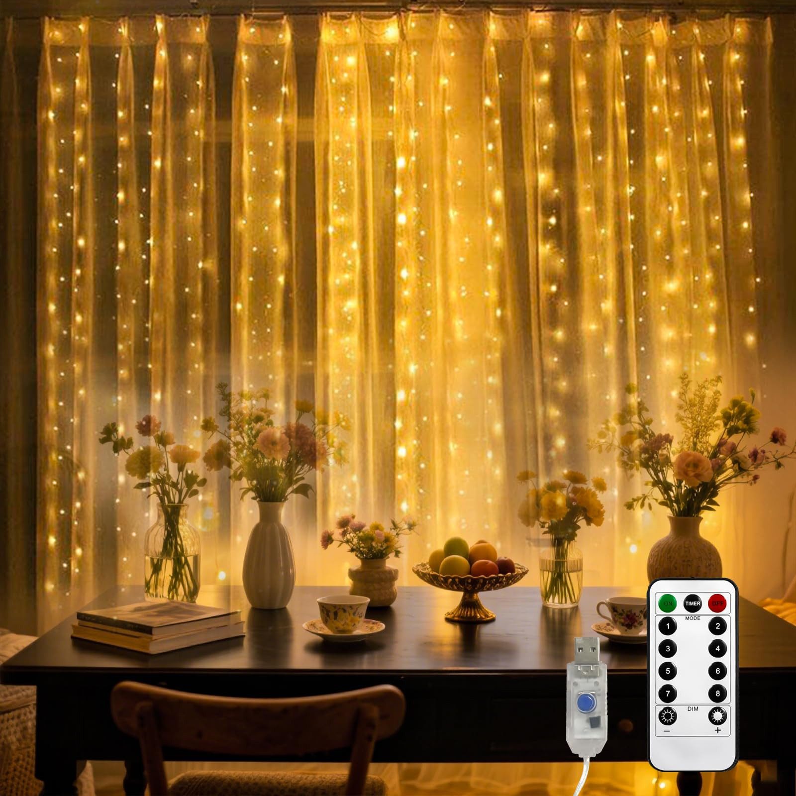 LQWELL LED-Lichtervorhang Lichterkette Fenster 3 x 3m 300 Leds Lichterkettenvorhang, für Innen Außen Zimmer Hochzeit Party Weihnachten Deko