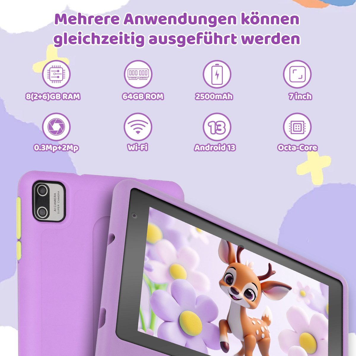 BUFO 7 Zoll 8(2+6)GB+64GB, Wi-Fi, Bluetooth, 1024 x 600 HD-Display, Kinder Tablet (7", 64 GB, Android, WiFi, Dual-Kamera, Kindersicherung, Augenschonendes IPS)