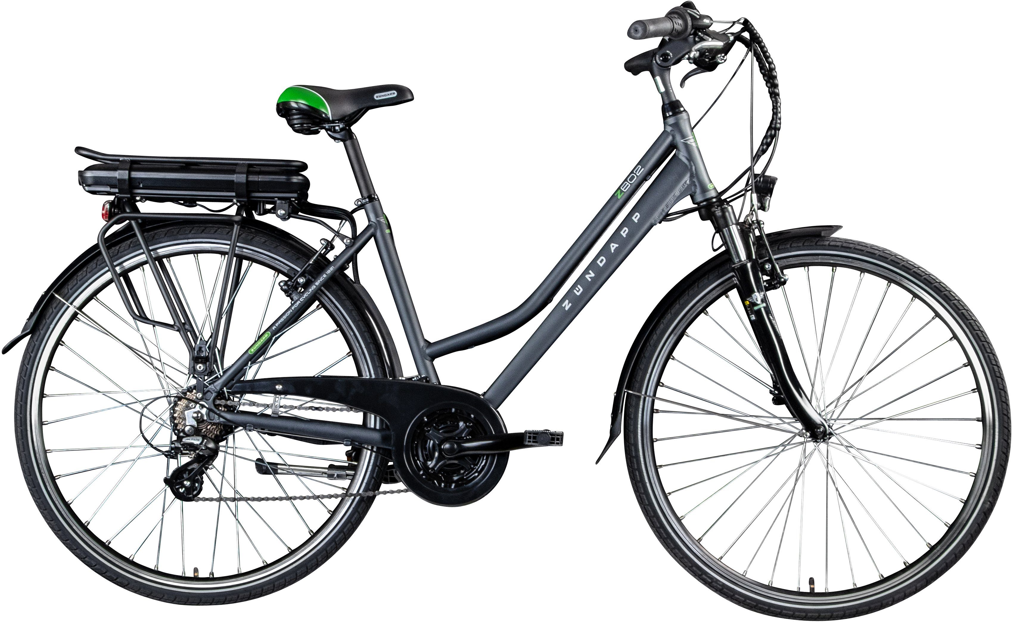 Zündapp E-Bike Z802 Damen, 21 Gang Shimano Altus RD-M310 Schaltwerk, Kettenschaltung, Heckmotor, 374 Wh Akku