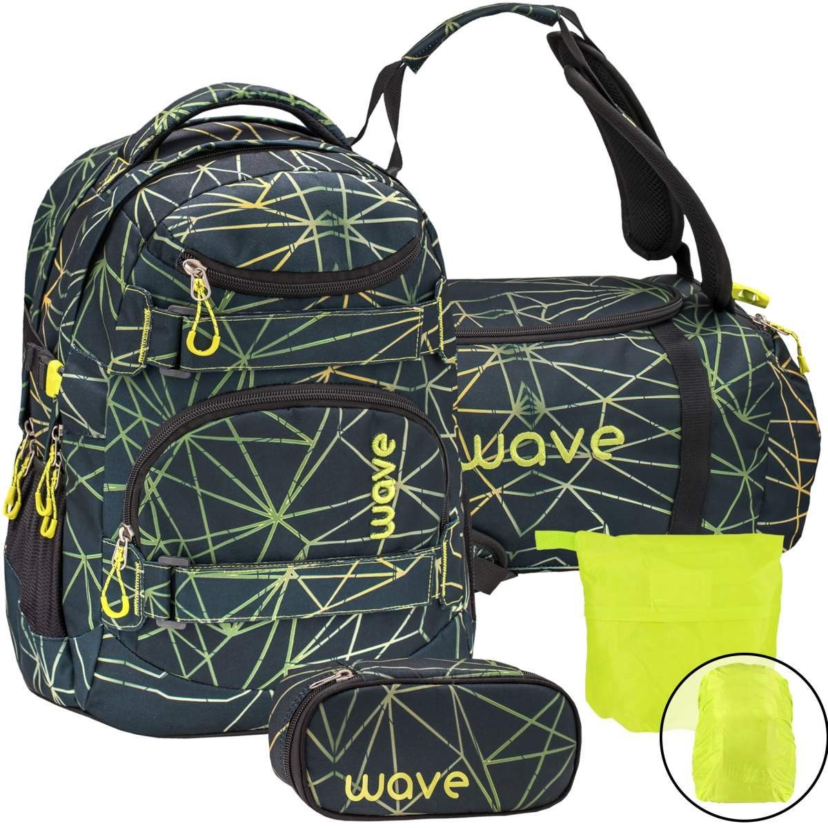 Wave Schulrucksack Infinity, Schultasche, ab 5. Klasse, weiterführende Schule, Set mit Regenhülle Stripes green