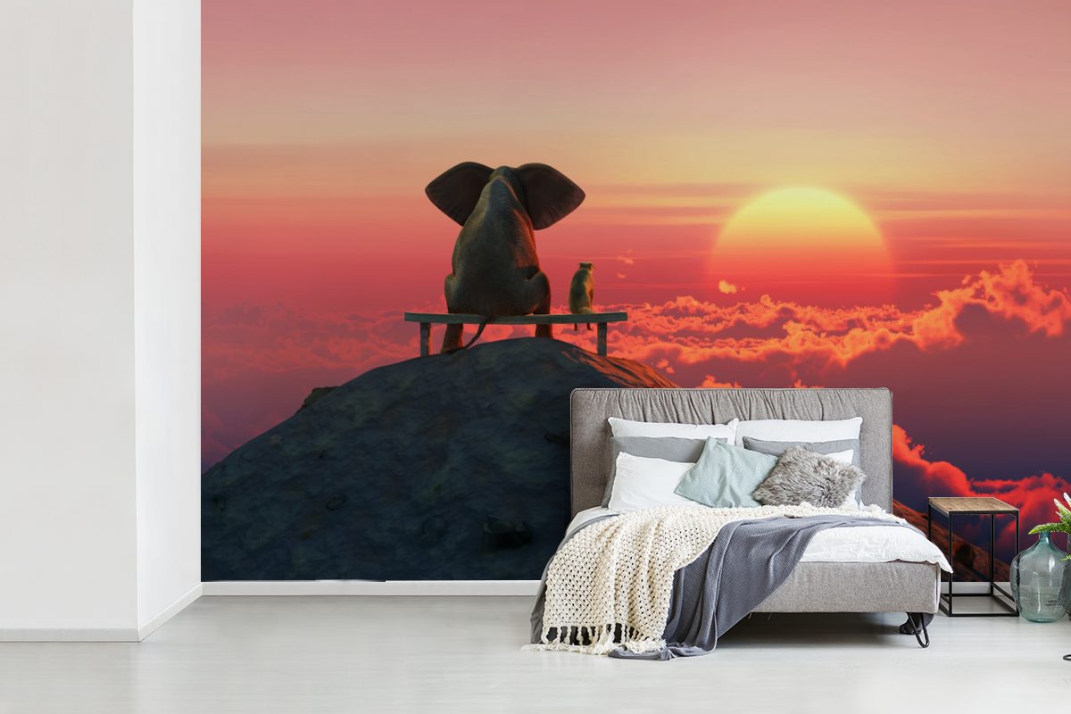 Elefant Fototapete Wallpaper Schlafzimmer, Vinyl Tapete - Berg, bedruckt, (6 Matt, - Kinderzimmer, St), Hund für Wohnzimmer, MuchoWow