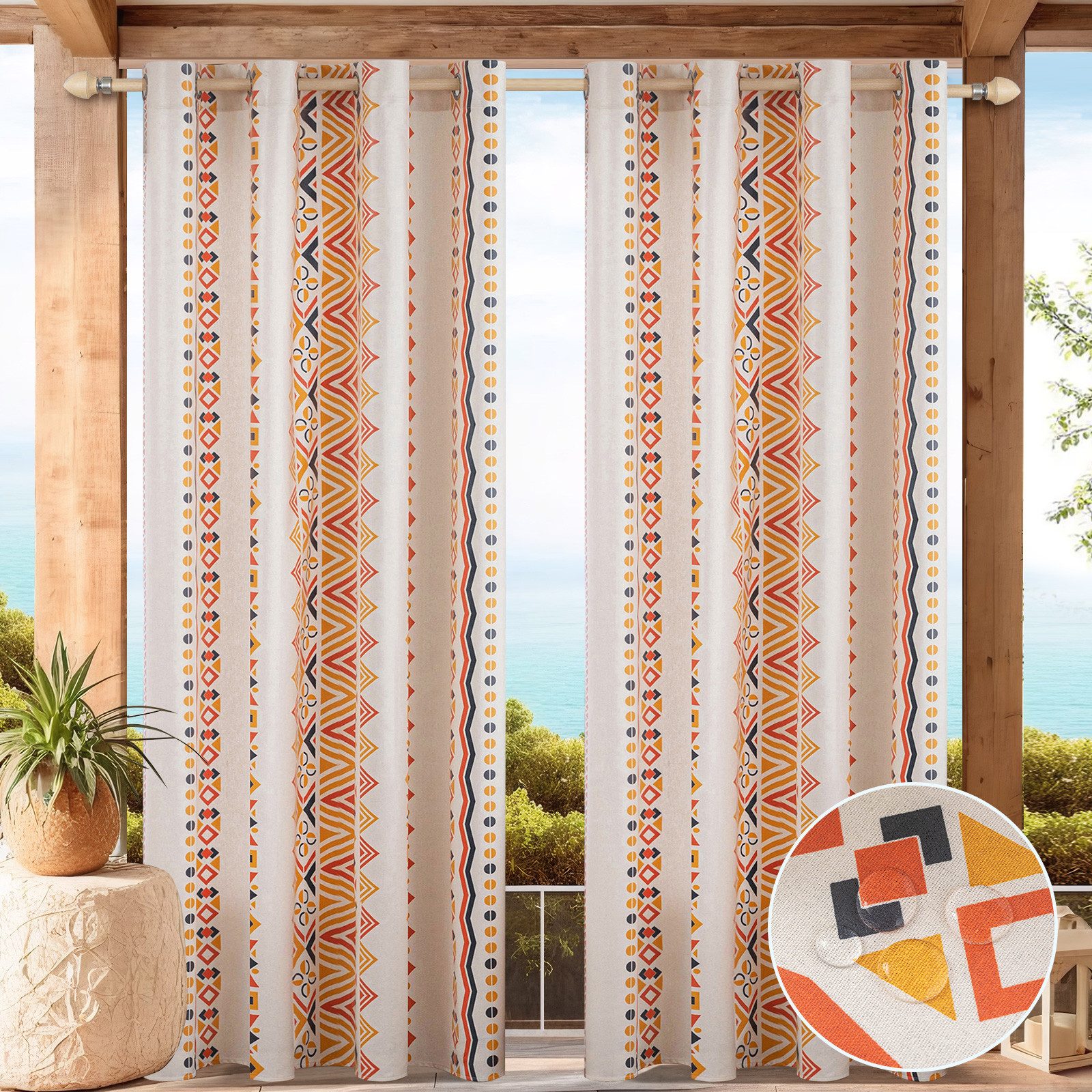 BTTO V&G Outdoorgardine Vorhang Boho Style,Outdoor Vorhang Wetterfest mit Ösen (2 St), blickdicht, Verdunkelungsvorhang Balkon Vorhang