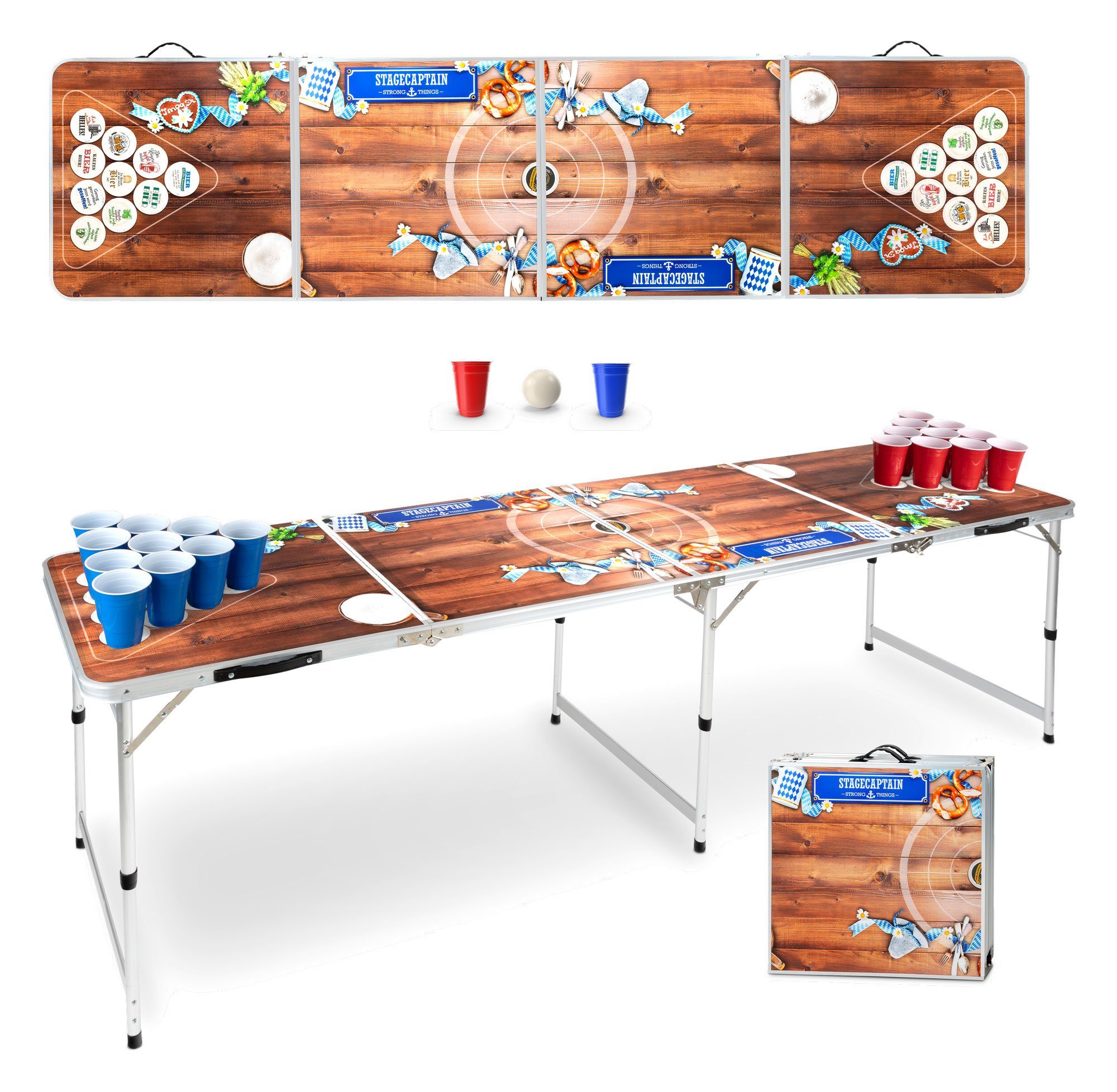 Stagecaptain Spieltisch Beer Pong Tisch “Bavaria” - Bierpongtisch - Klapptisch aus Alu, (Inkl. 90 Becher und 6 Bälle, 3-tlg), Schnell aufgebaut und kompakt beim Transport