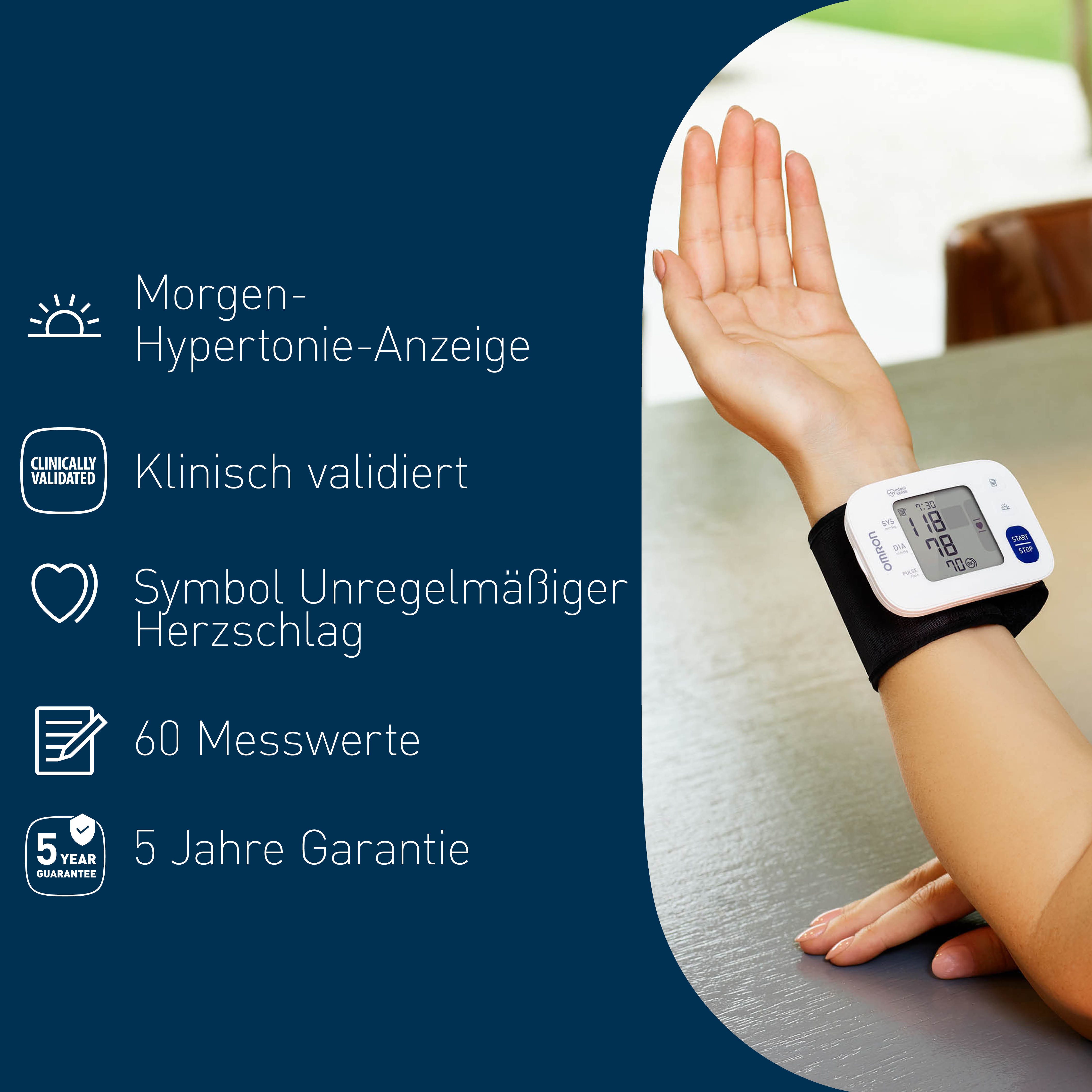 Omron Handgelenk-Blutdruckmessgerät RS4 mit Positionierungssensor für genaue Messergebnisse zu Hause, erkennt unregelmäßige Herzschläge, vorgeformte Manschette 13.5-21.5 cm