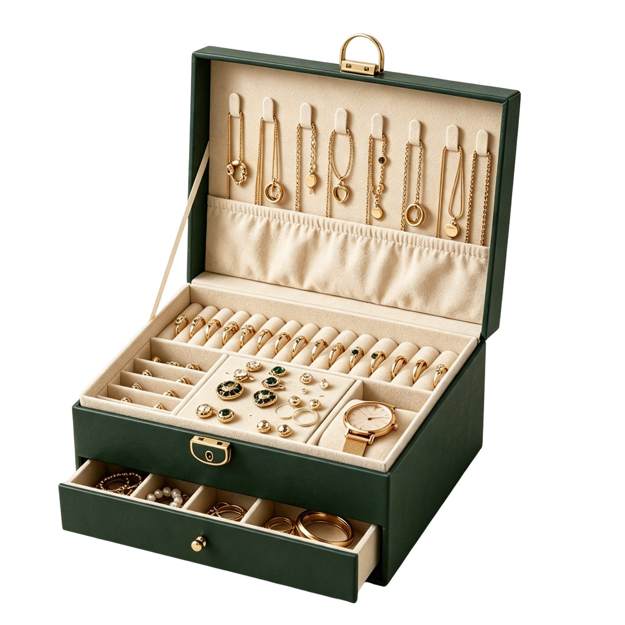 Fyrove Schatzkiste Vintage Schmuckkästchen aus PU-Leder mit Schloss (zwei Schubladen, große Aufbewahrung für Ringe, Ketten, Ohrringe und Uhren, ideales Geschenk für Frauen zum Geburtstag, Weihnachten & Valentinstag)