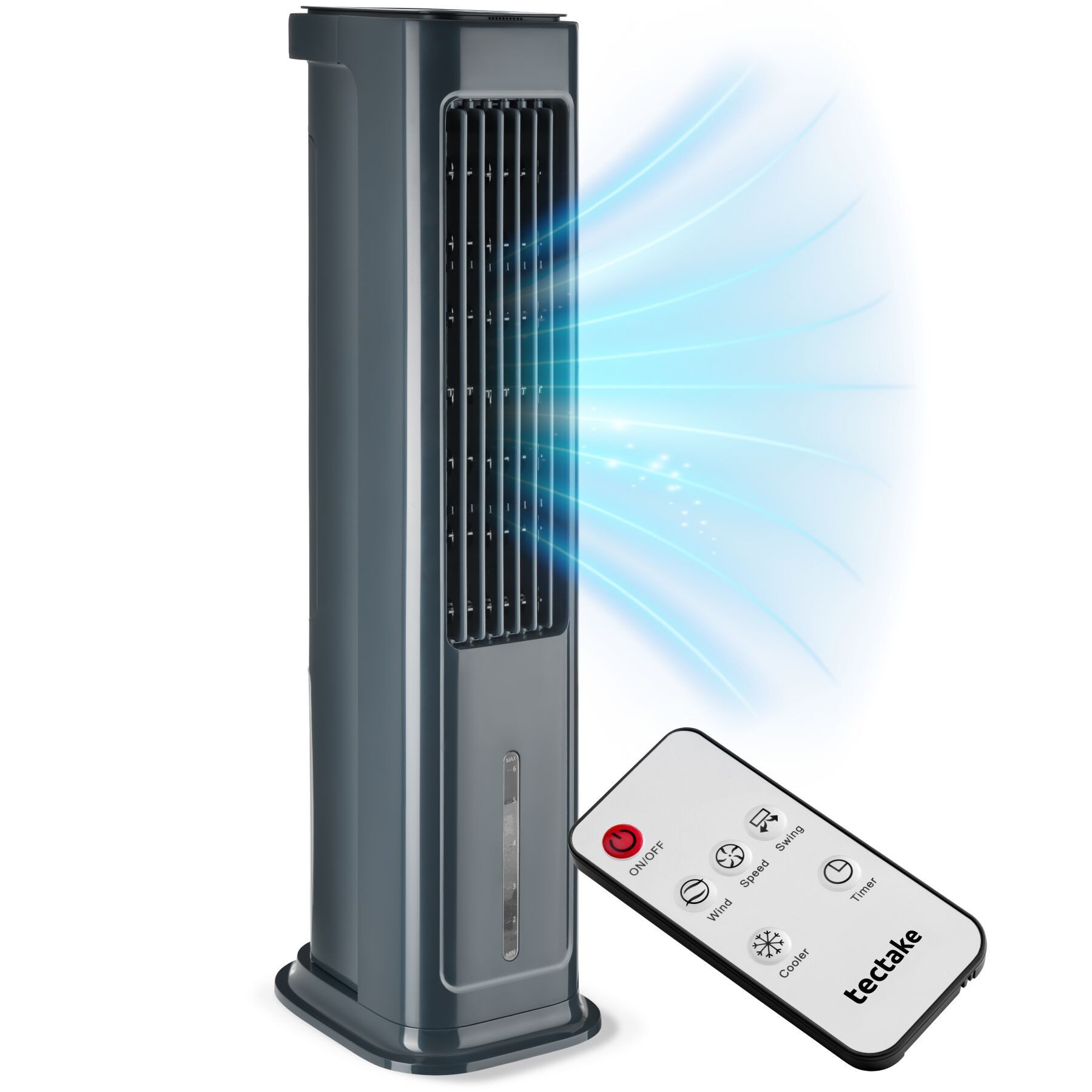 tectake Tischventilator Luftkühler Alaska in anthrazit, leise, 3 Modi, Inkl. Fernbedienung, 4in1, 5 l Wassertank, 12-Stunden-Timer, Touch-Display, energiesparend