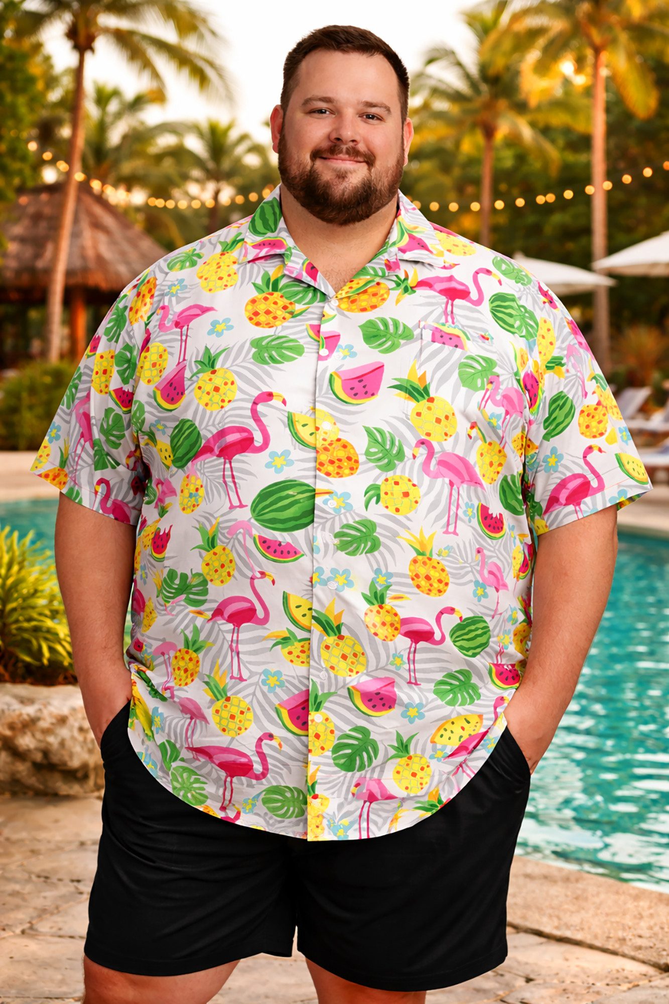 King Kameha Hawaiihemd Flamingo Melone Übergrößen 7XL-12XL Sommerhemd Kurzarm Front-Tasche