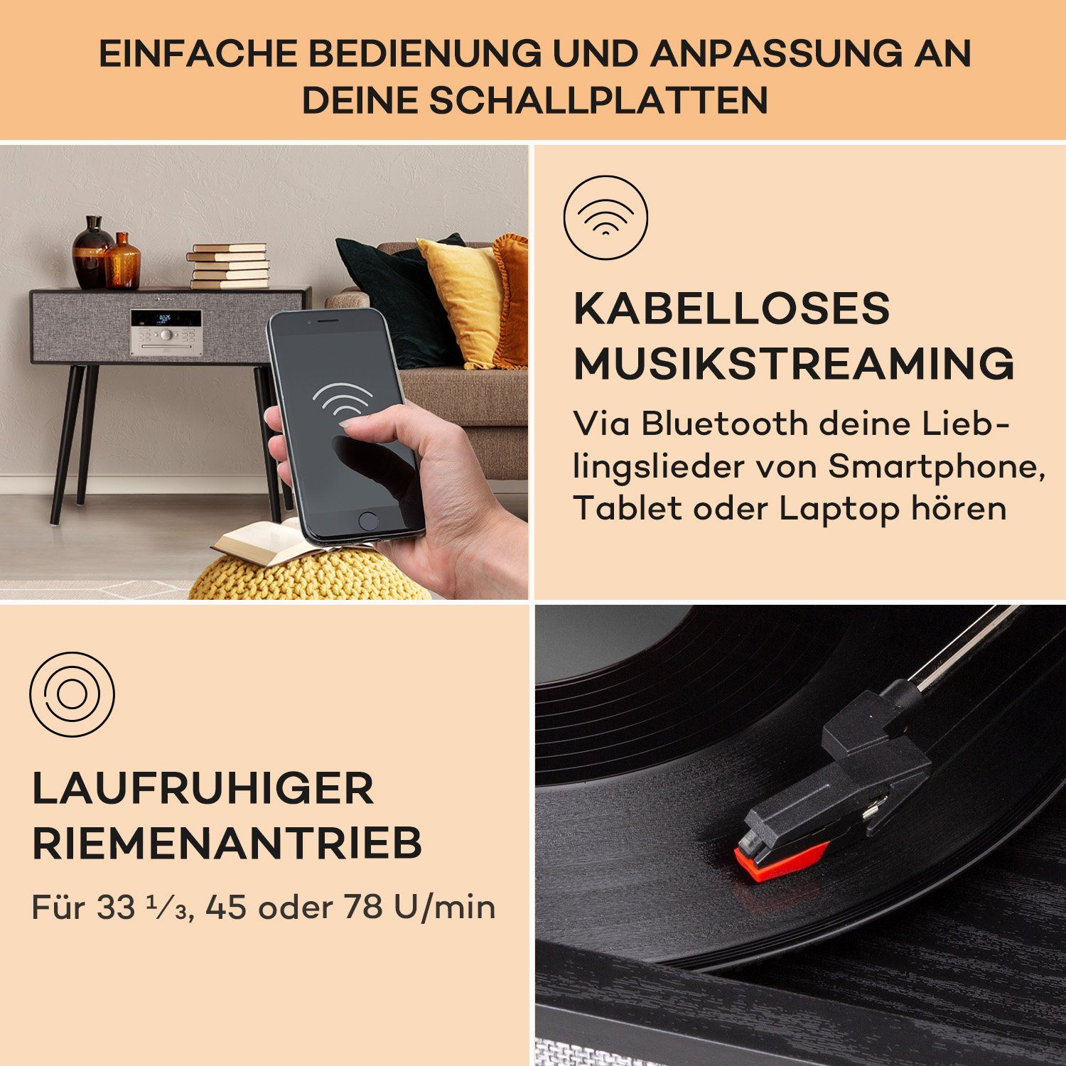 Radio Bluetooth;CD, Schallplattenspieler Schwarz Plattenspieler) Auna Ann Vinyl (Riemenantrieb, Julie mit Plattenspieler Lautsprecher