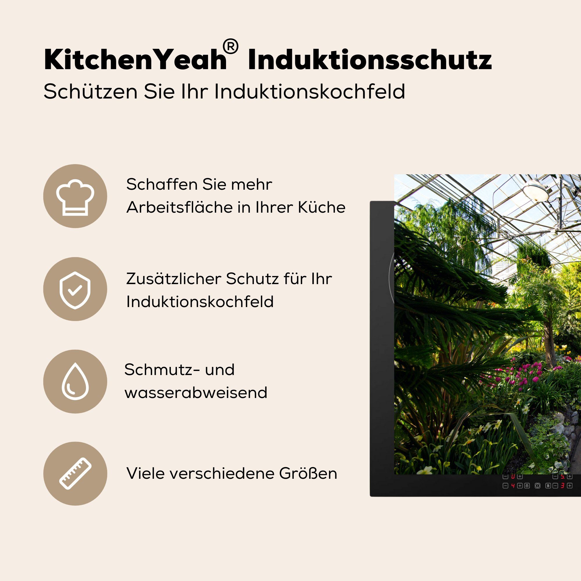 MuchoWow Herdblende-/Abdeckplatte Botanischer Garten in Gewächshaus, die Schutz Induktionskochfeld 81x52 cm, Ceranfeldabdeckung für küche, einem Vinyl, tlg), (1