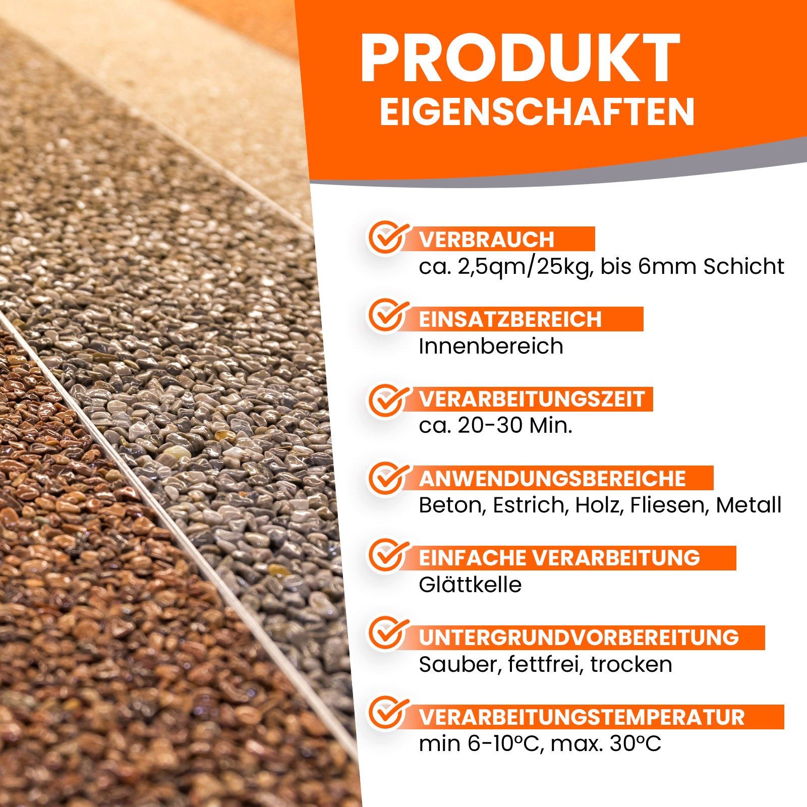 BEKATEQ Kieselsteine BK-600EP Steinteppich Set innen mit Bindemittel, (Set, 25kg Marmorkiesel + 1,5kg 2K Epoxy Kleber), Steinteppich Set Bodenbelag für 2qm, mit Epoxidharz Bindemittel