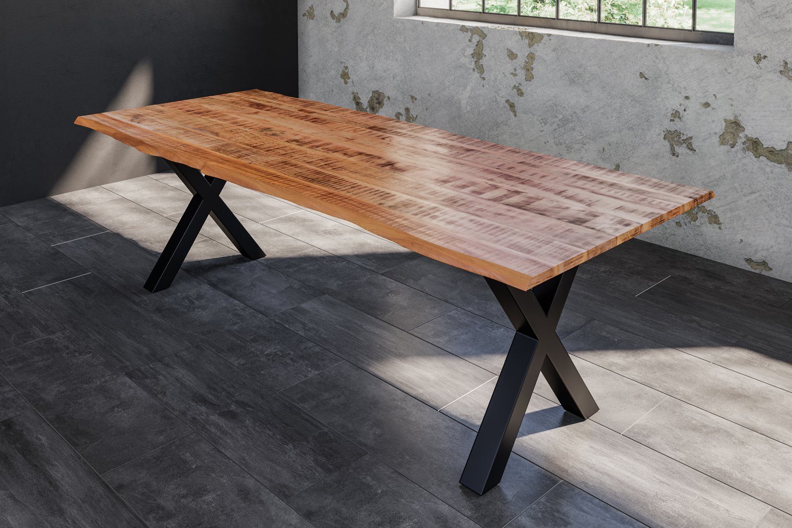 SAM® Esstisch Edessa, Baumkante, im used Look, Mangoholz, Metallgestell in X-Form