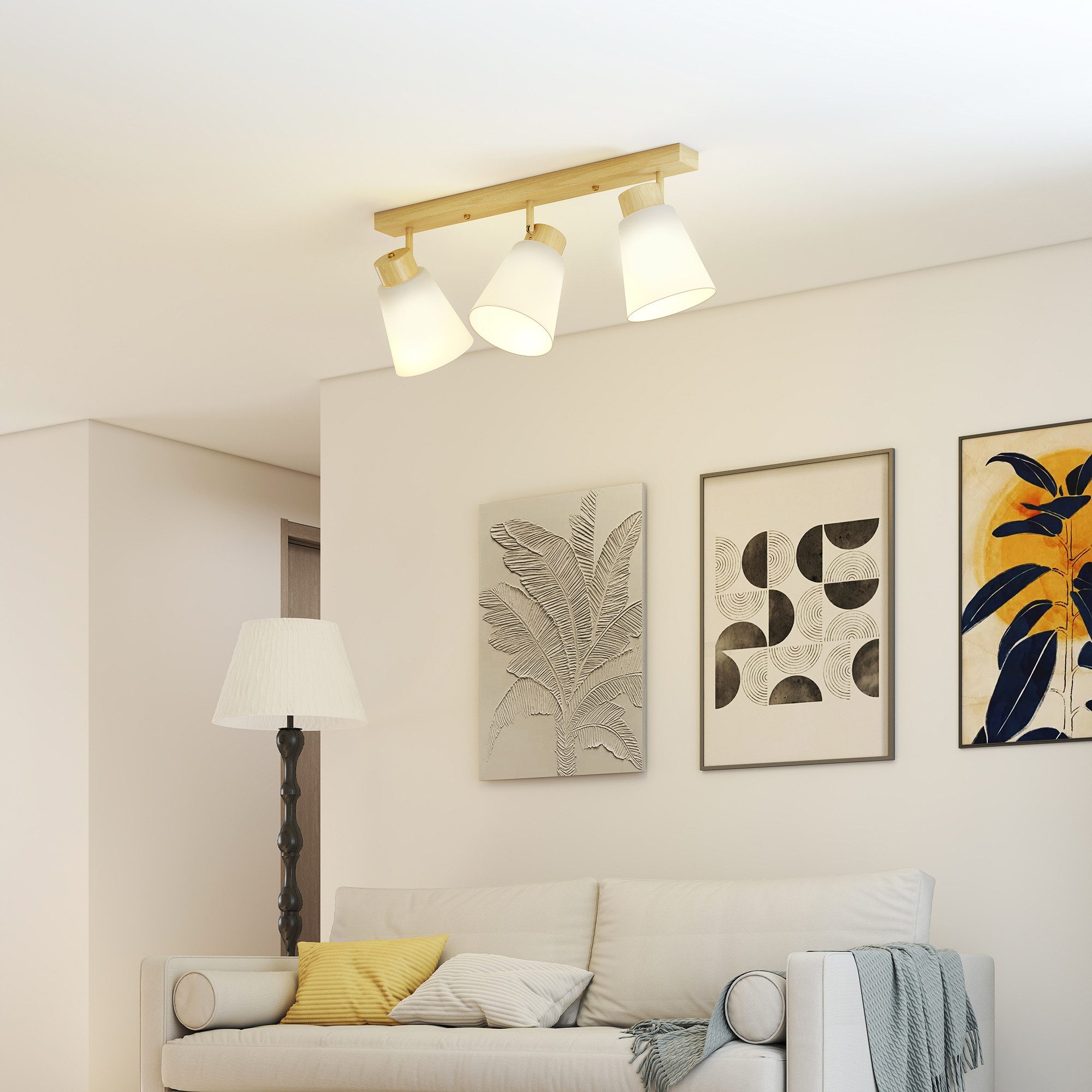 HOMCOM Deckenleuchte LED 40W 3-flammige Deckenlampe, Doppelmontage, verstellbare Köpfe, ohne Leuchtmittel, für Schlafzimmer, Wohnzimmer, Naturholz