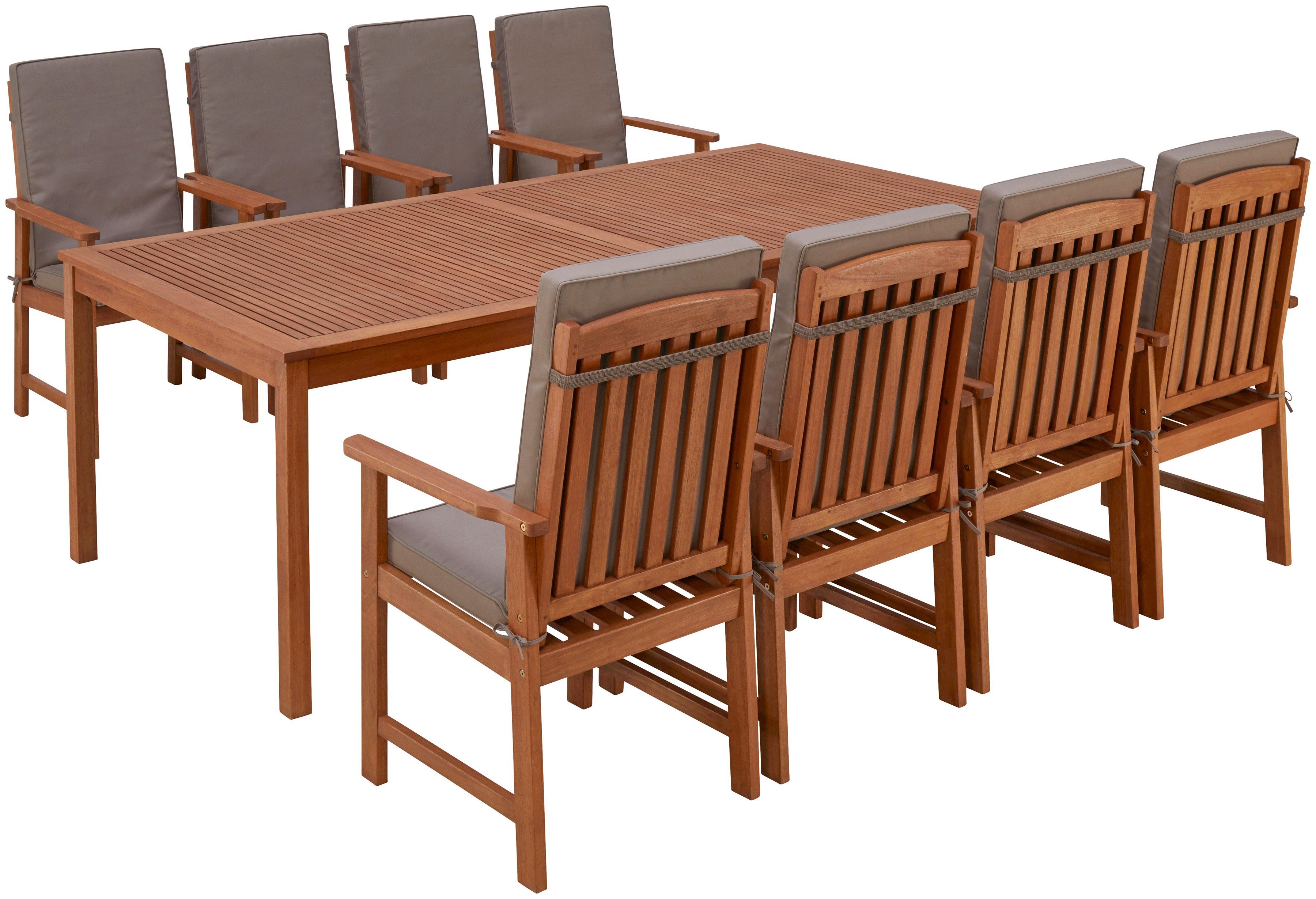 MERXX Garten-Essgruppe Montana, (17-tlg., 8x Sessel, inkl. Auflagen, 1x Tisch 220x110 cm), Eukalyptusholz, FSC® Mix