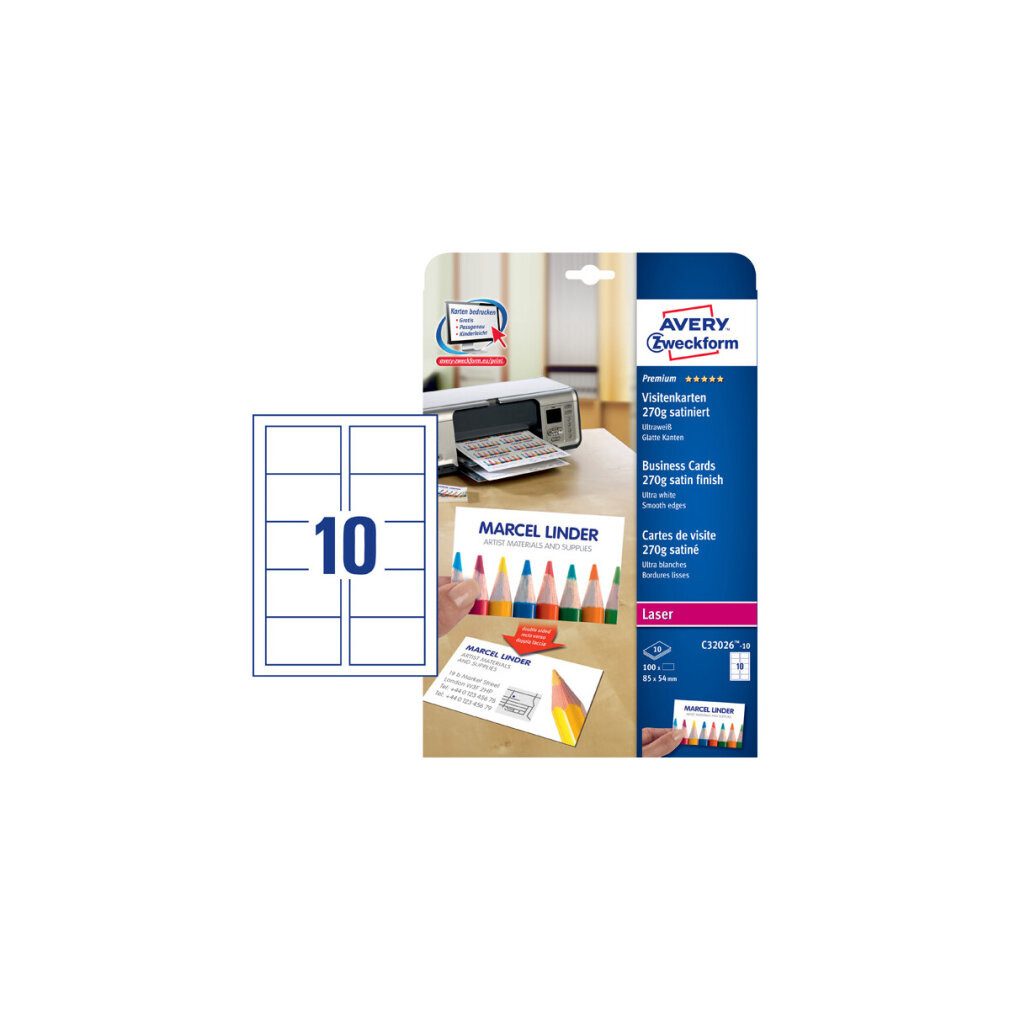 Avery Zweckform Visitenkarten 100 Visitenkarten C32026-10 satiniert weiß 270 g/qm