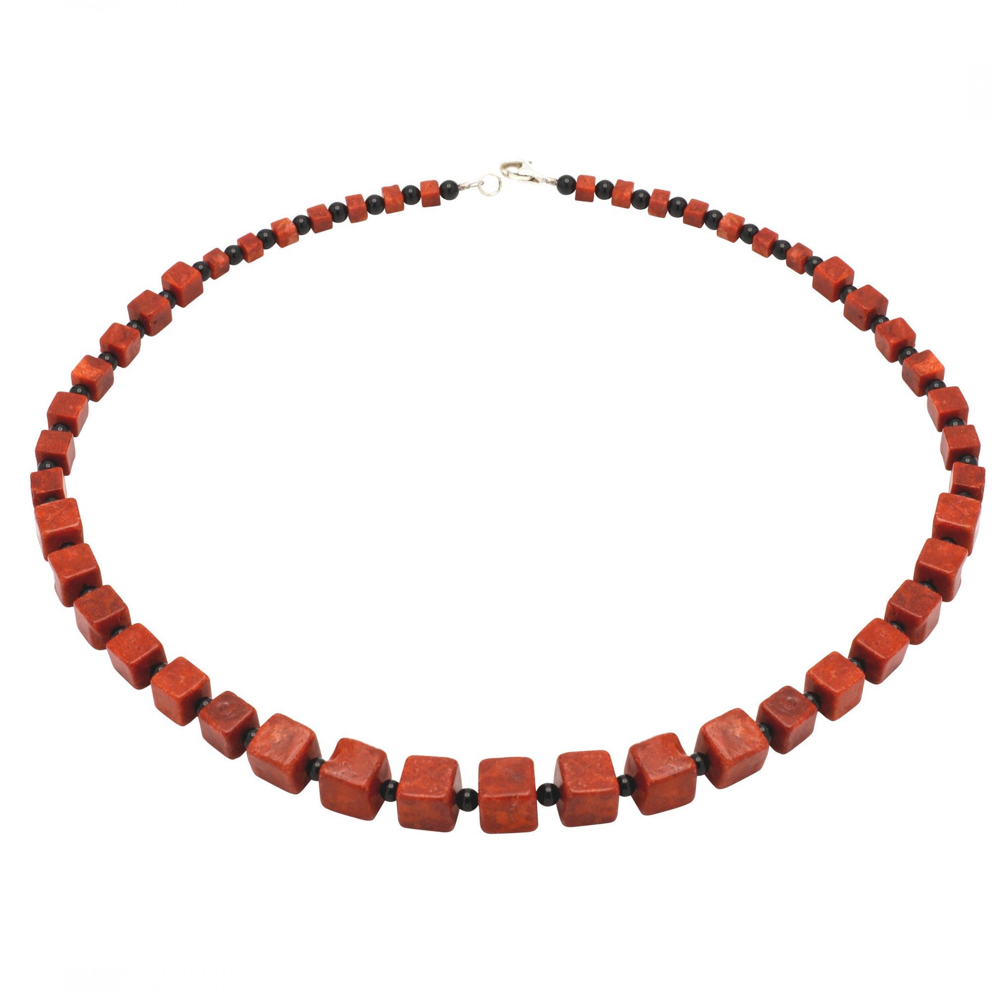 Collier Kette aus Koralle & Onyx & 925 Silber, Würfel