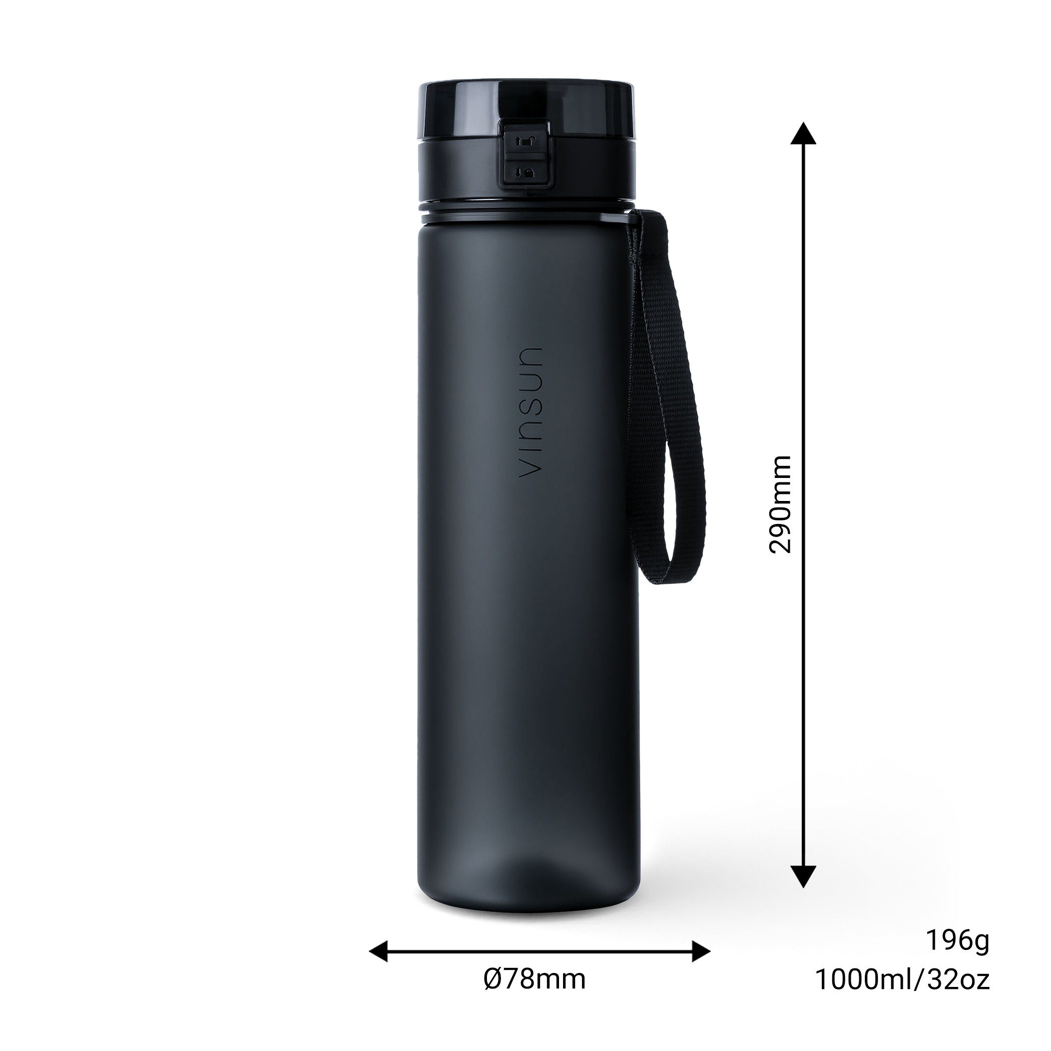 Kohlensäure Schwarz, auslaufsicher - geeignet, frei, Vinsun 1L, Trinkflasche auslaufsicher BPA und Geruchs- Geschmacksneutral, Kohlensäure, Trinkflasche