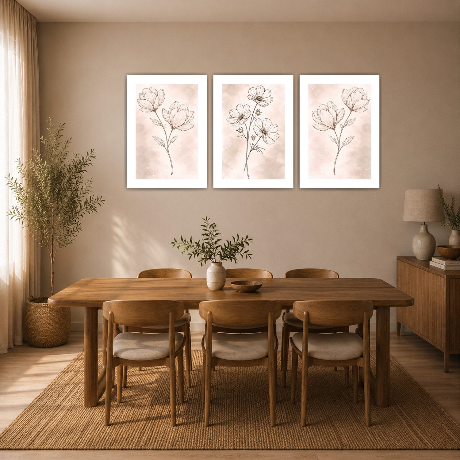 Tigerlino Poster Magnolie Poster 3er Set Beige Boho Botanische Blumen Wandbilder