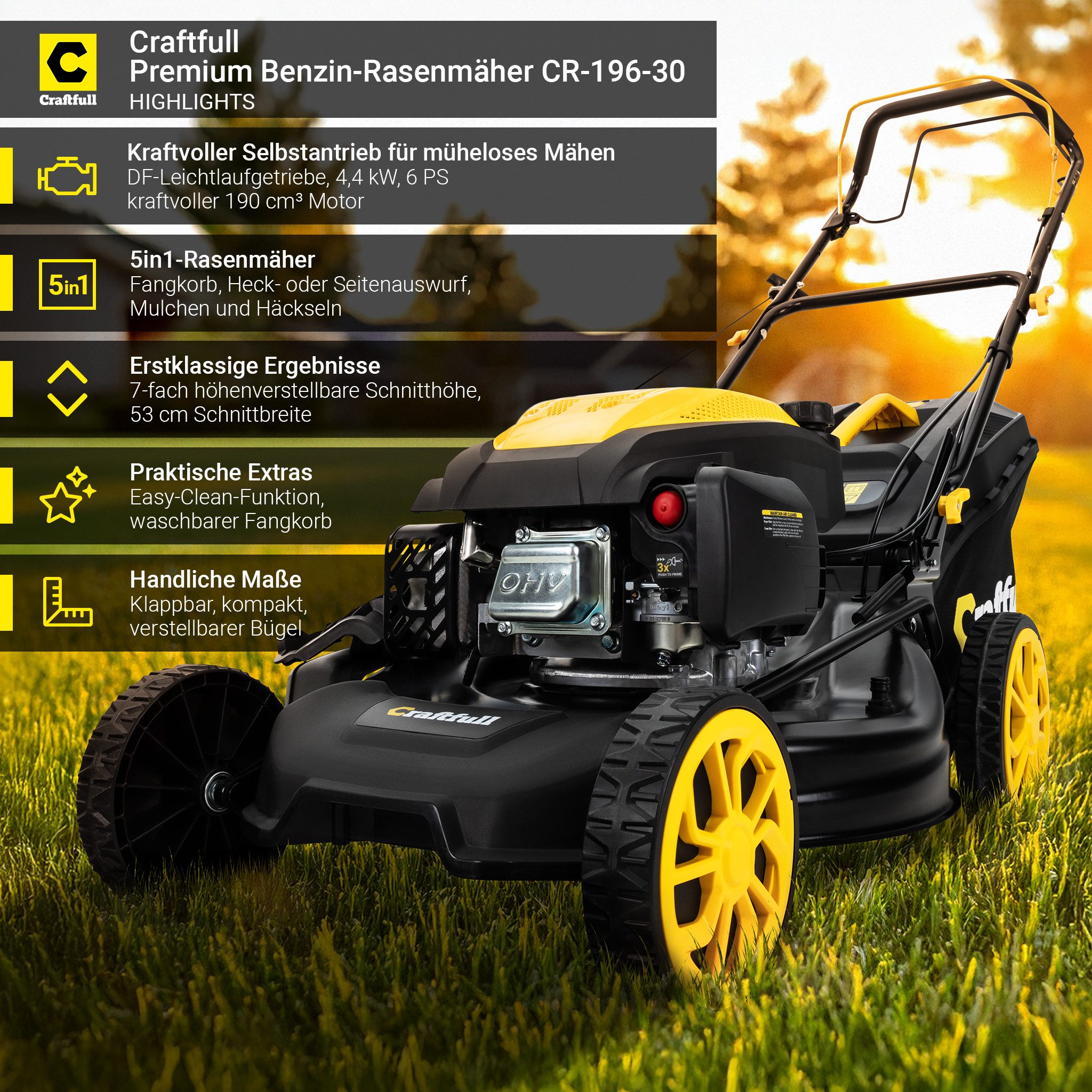 Craftfull Benzinrasenmäher CR-196-30 - 6 PS, günstig online kaufen