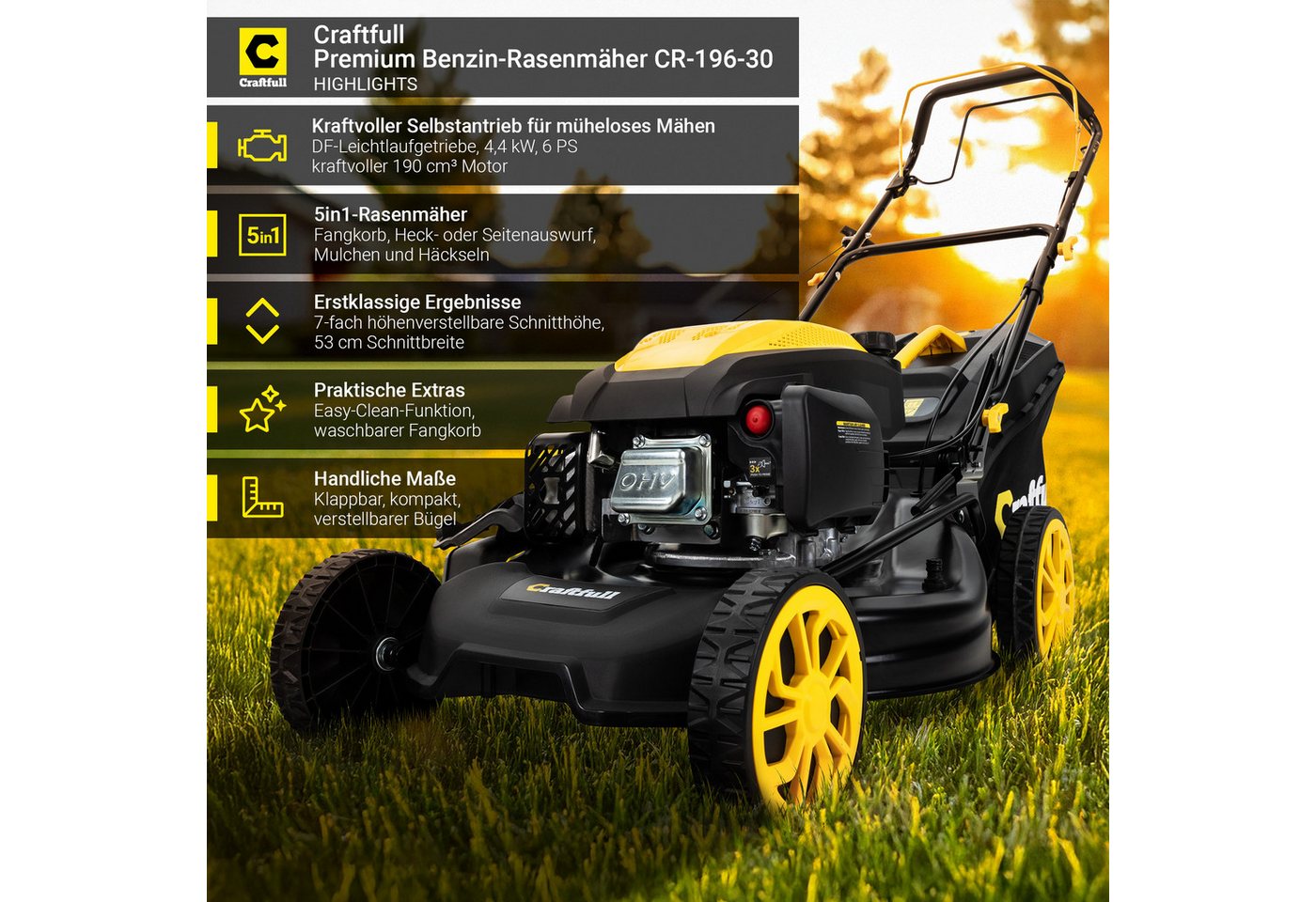 Thumbnail - Craftfull Benzinrasenmäher CR-196-30 - 6 PS, 190 cm³ Rasenmäher Benzin 53cm Schnittbreite, 53 cm Schnittbreite, (Benzinr...