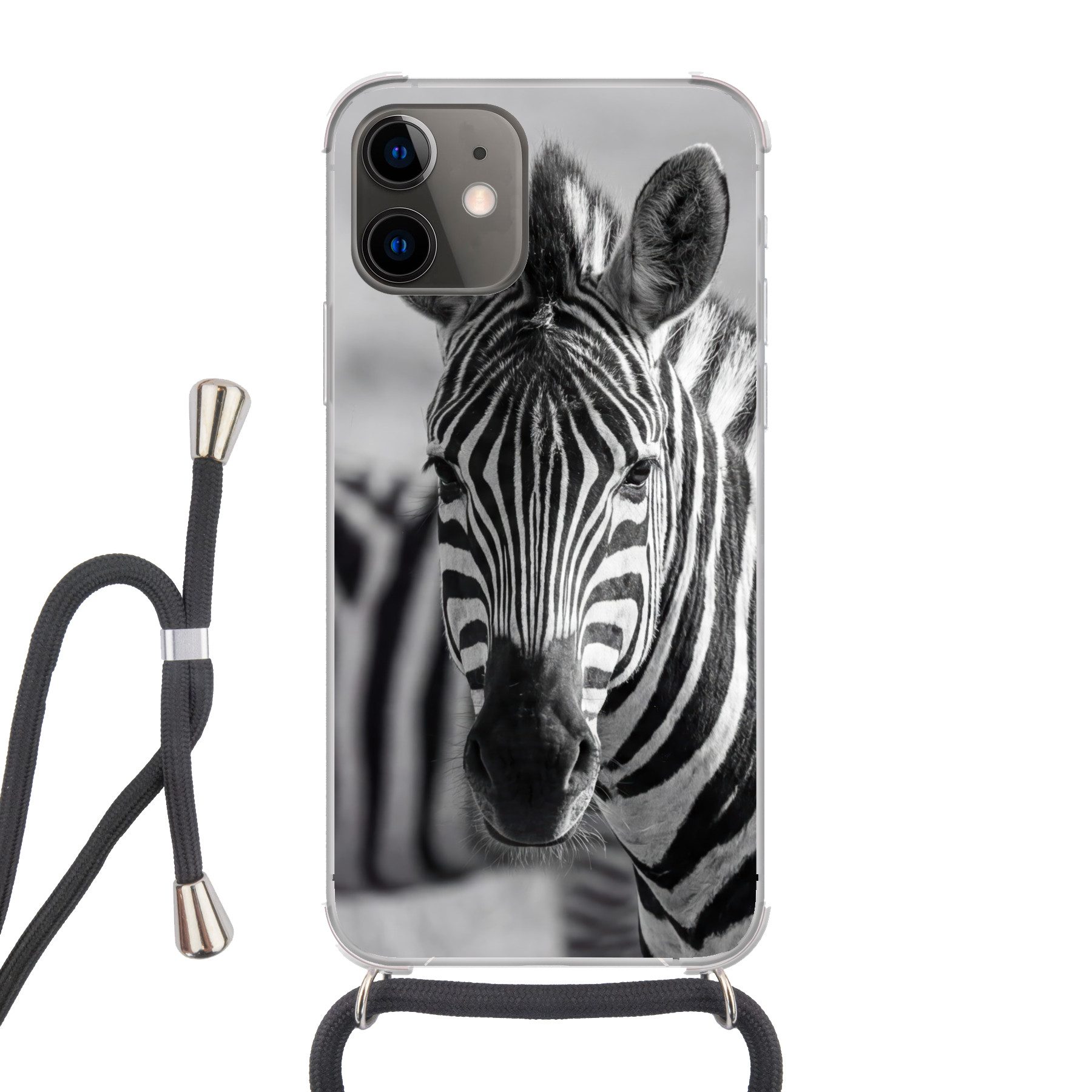MuchoWow Handyhülle für Apple iPhone 12 Zebras - Schwarz - Weiß, Tragbare Handyhüllen mit Kette zum umhängen, Handykette Handyband
