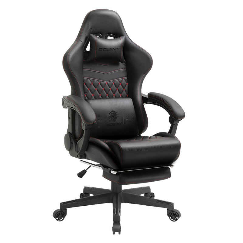 Dowinx Gaming-Stuhl Ergonomisches Design mit Massage Lendenwirbelstütze und Fußstütze, Rennsport-Stil PU-Leder hohen Rücken verstellbare Drehstuhl, Schwarz