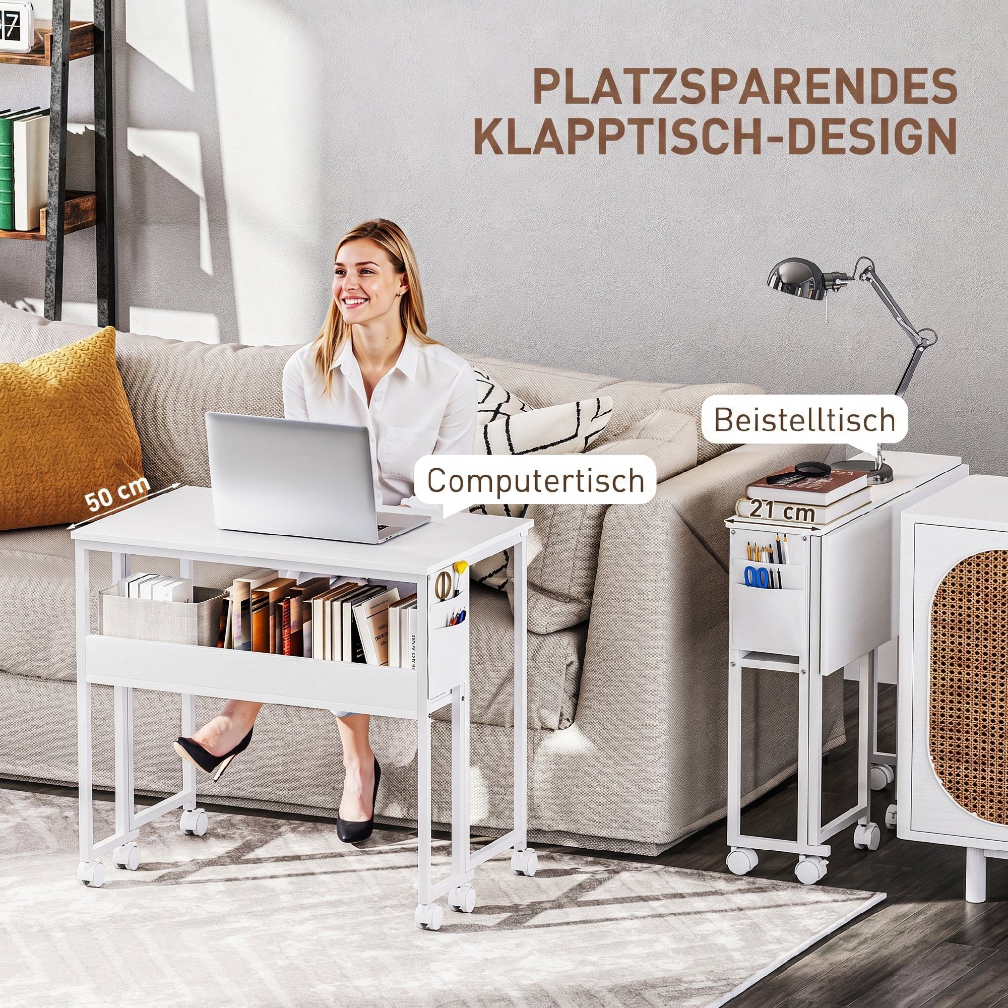 HOMCOM Schreibtisch klappbarer (Klappschreibtisch, 1-St., Platzsparend Computertisch), mit Regal, Aufbewahrungstasche, für Home Office, Weiß – Bild 4 von 5