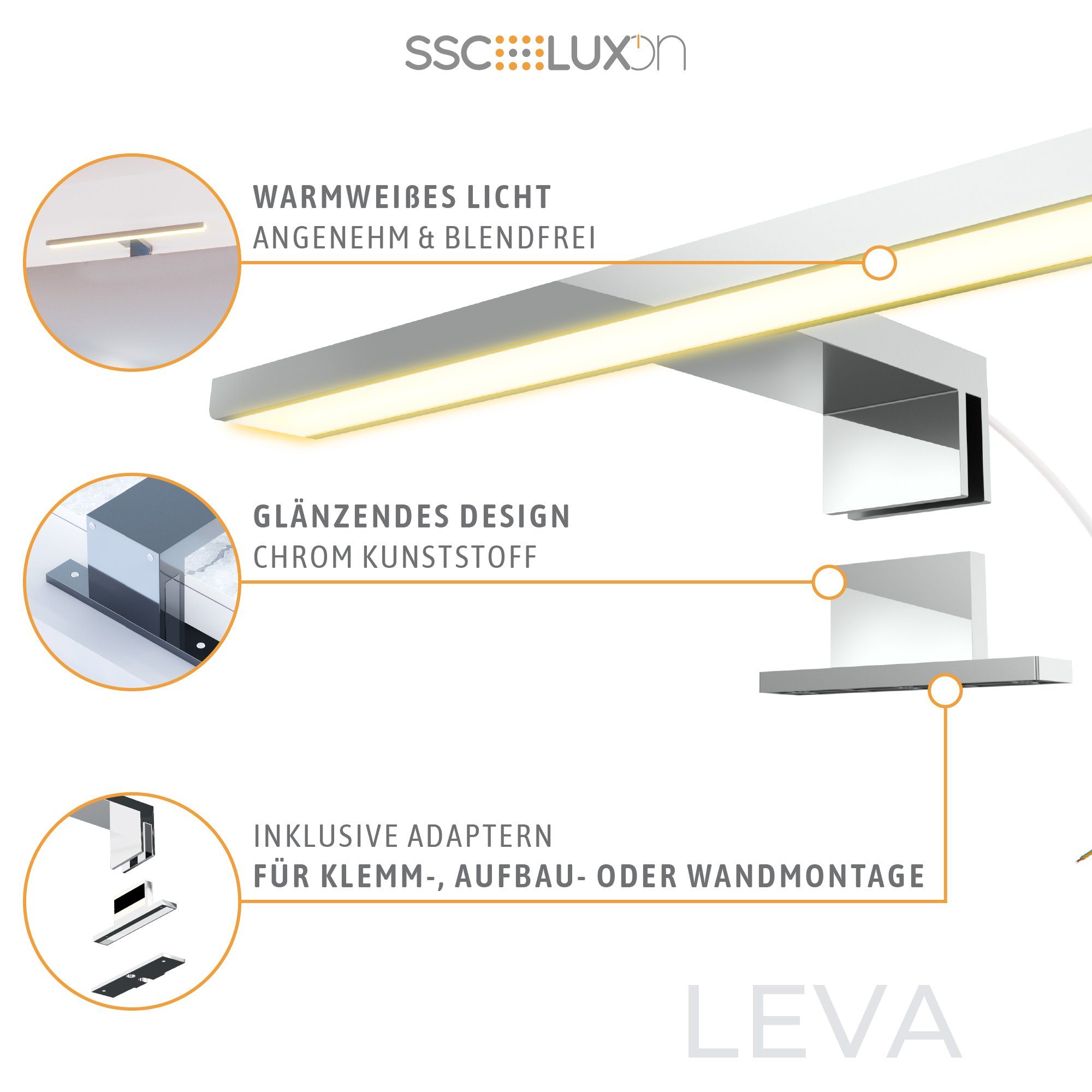30cm IP44, warmweiss Spiegelleuchte 3-in-1 4W Bad LEVA LED Warmweiß Design LED Bilderleuchte SSC-LUXon