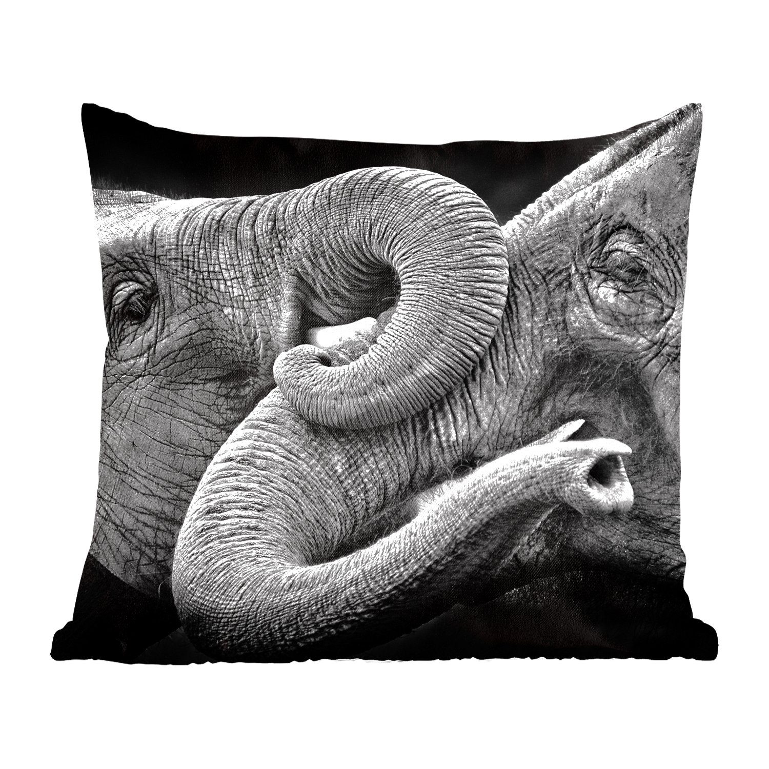 MuchoWow Dekokissen Umarmung von Elefanten auf schwarzem Hintergrund in Schwarz und Weiß, Zierkissen mit Füllung für Wohzimmer, Schlafzimmer, Deko, Sofakissen