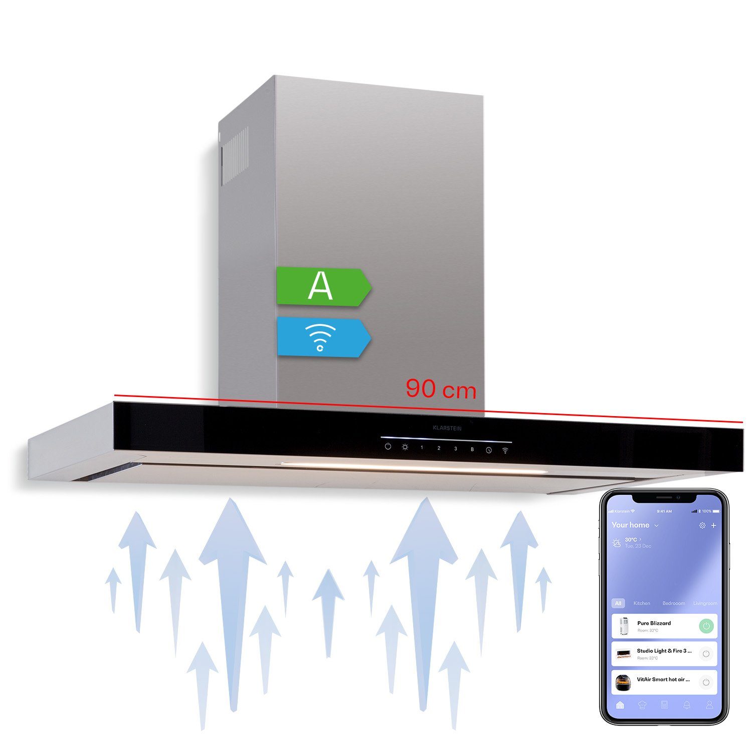 Klarstein Deckenhaube Alinea Alinea, Dunstabzugshaube 90cm Wandhaube WiFi A++ 500m³/h Touch