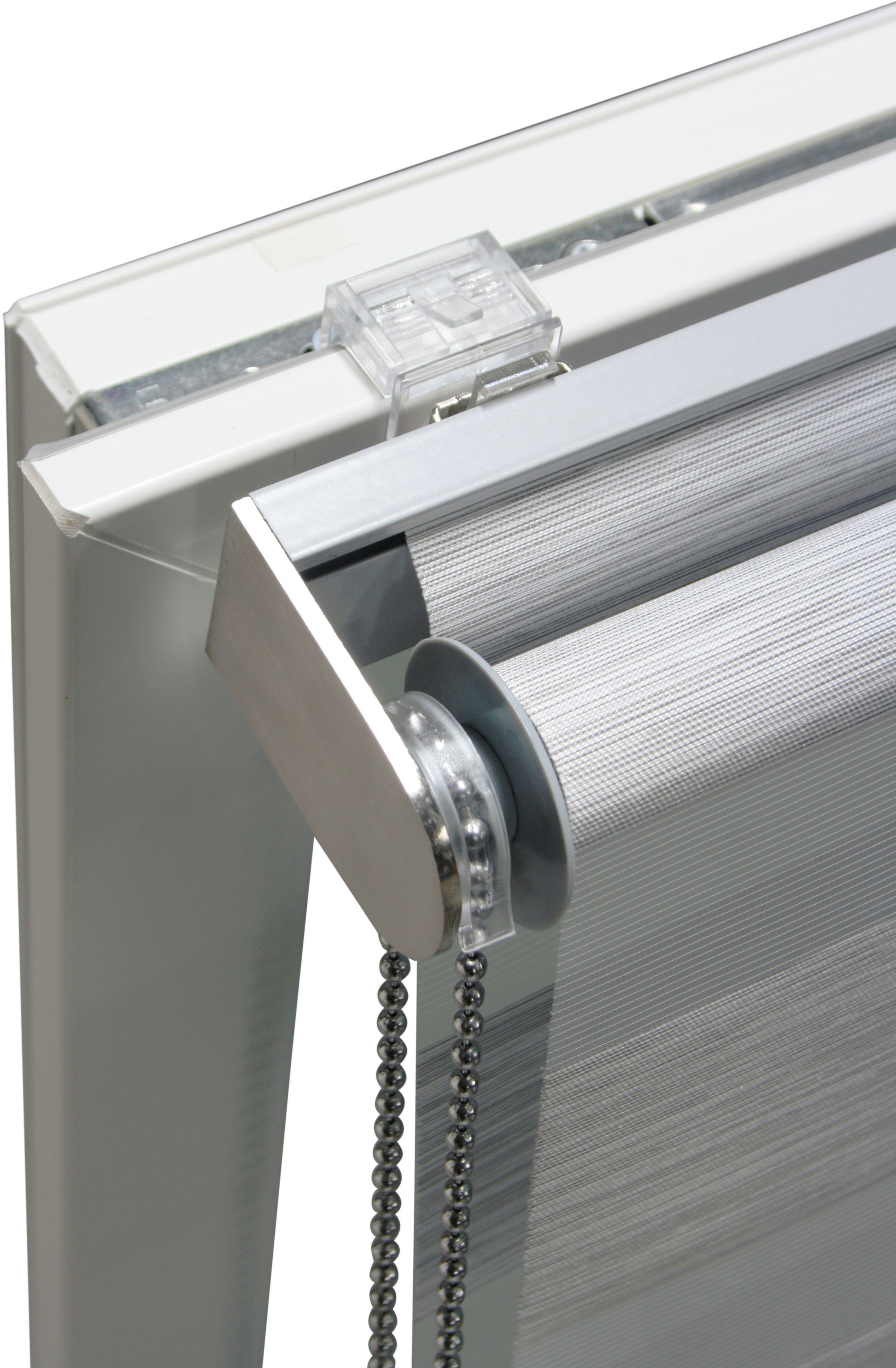 Metallkomponenten Feststellschraube, GARDINIA, de Klemmträger Doppelrollo mit mit grau hochwertiges halbtransparent, luxe, silbernen Gesamtkonzept Doppelrollo