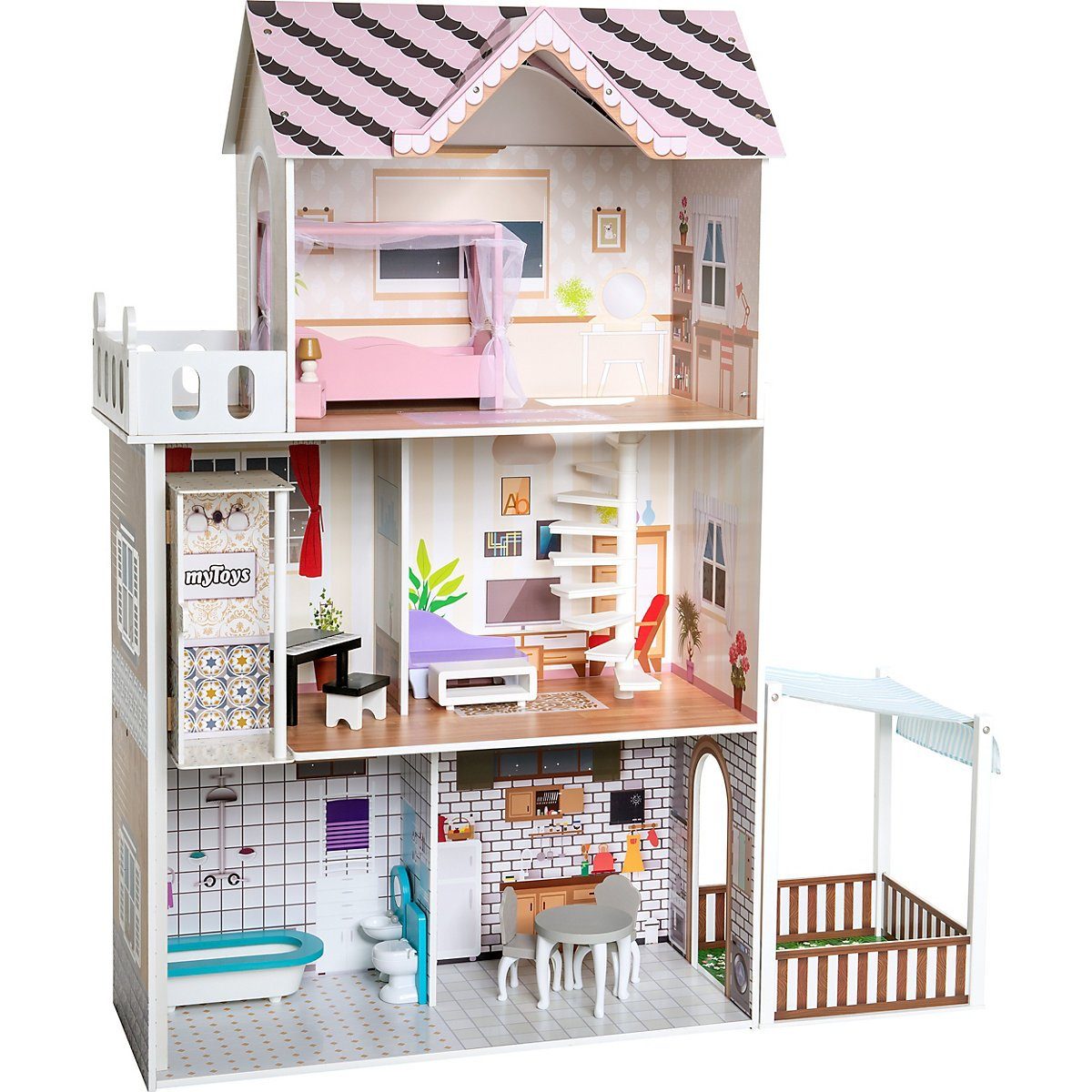 Puppenhaus 4 Etagen Holiday House Möbel rosa Minipuppen Kinderspielzeug  B-WARE 