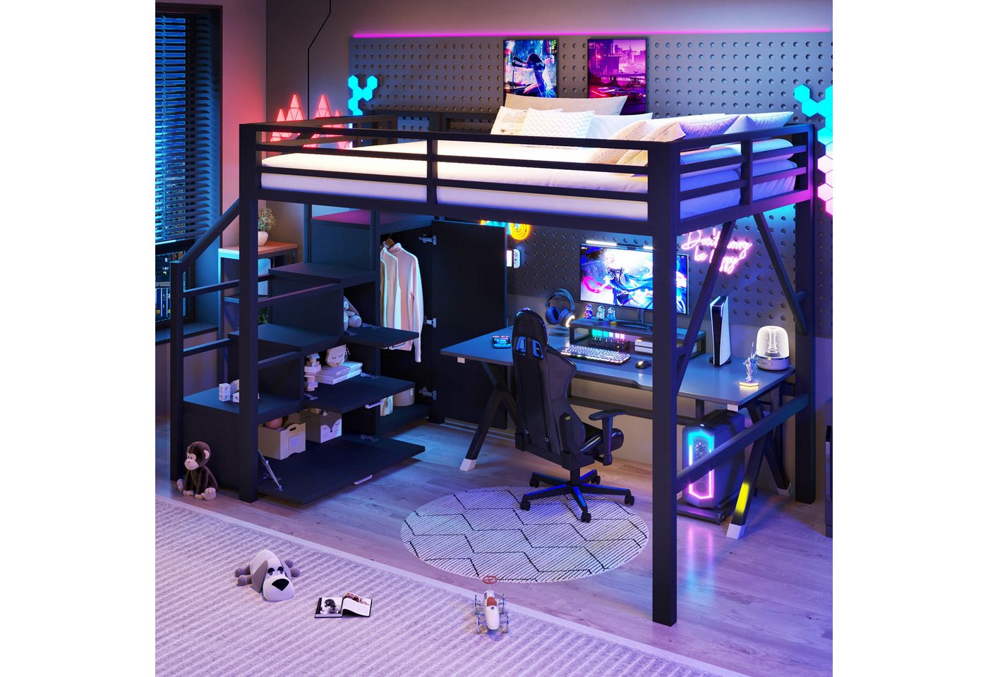 Merax Hochbett 140x200cm mit LED-Beleuchtung inkl. App-Steuerung (Jugendbett Einzelbett, 1-St) Metallbett Kinderbet mit Kleiderschrank Treppe Regalfächern Stauraum