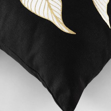 Macosa Home Dekokissen Kissen 45 x 45 cm Schwarz Gold Blätter Pflanzen Baumwolle, mit Reißverschluss inkl. Füllung Sofakissen modern