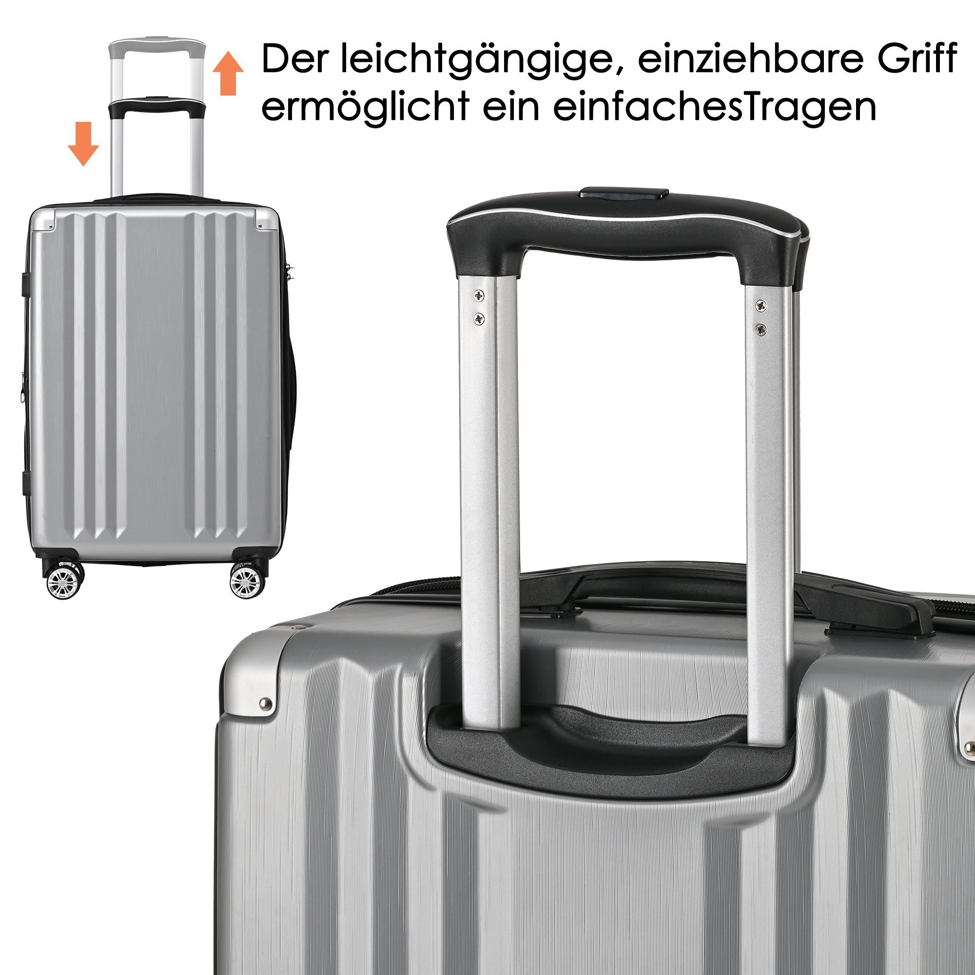 Reisekoffer Flieks Silbergrau (3 Hartschale 4 Trolleyset, tlg), Kofferset Trolley Handgepäck Set Rollen,