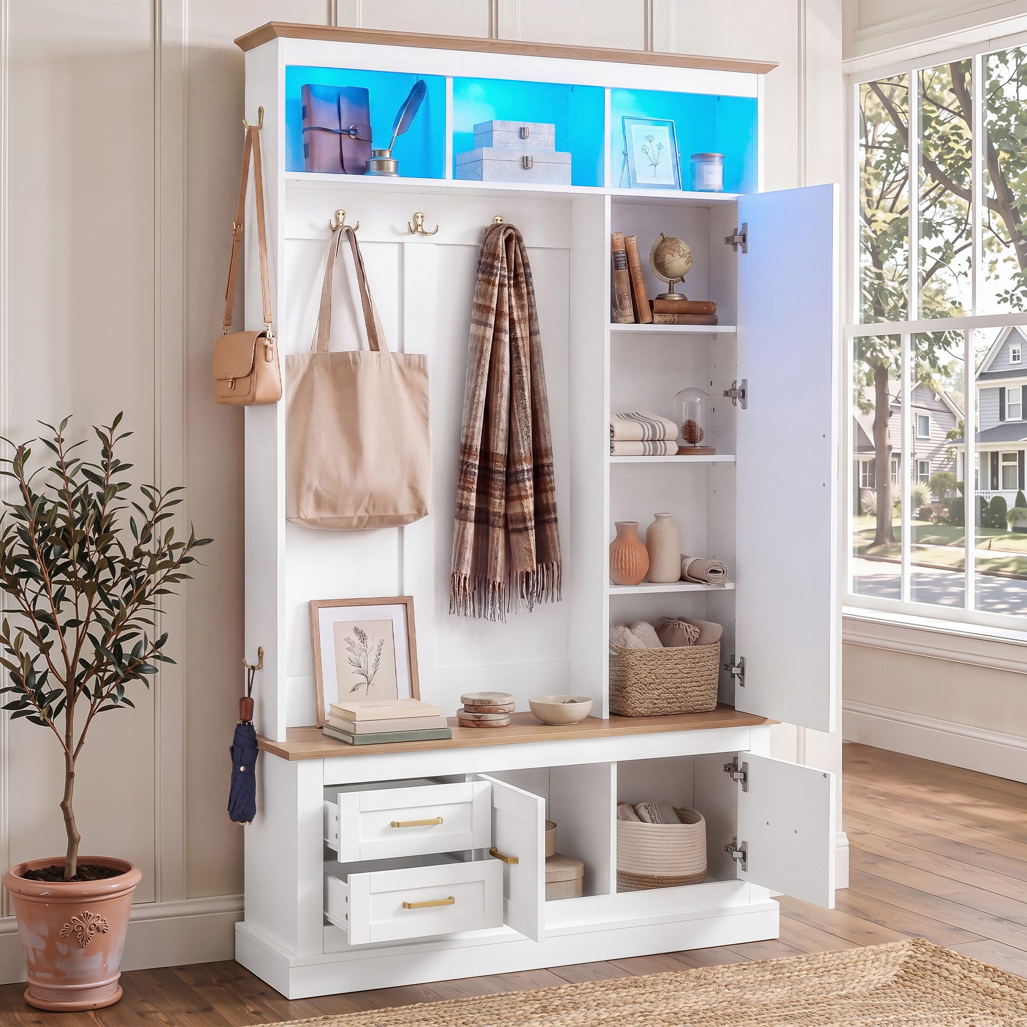 BlingBin Kompaktgarderobe Flurgarderobe Garderobenschrank mit Spiegel, Sitzbank und App-LED (1-St., 110x180 cm,Haken und Stauraum) Multifunktionale,für Eingangsbereich, Diele oder schmale Flure