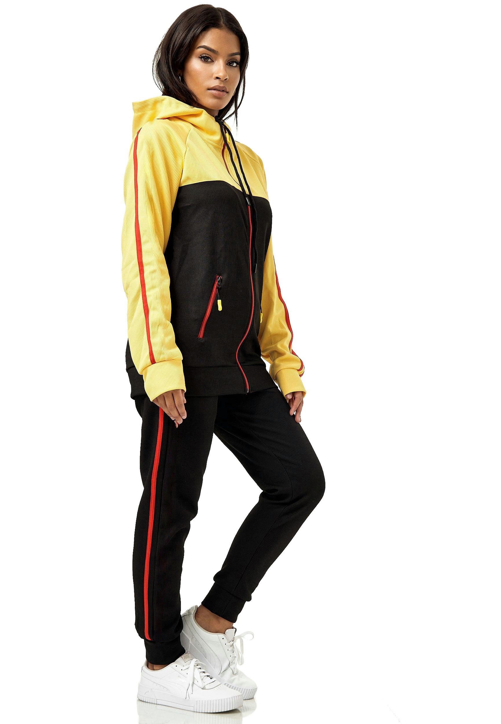 L.gonline Freizeitanzug Damen Jogginganzug Freizeitanzug Sportlich 3750 (Kapuzenjacke mit Reißverschluss, Hose, 2-tlg), mit Streifen – Bild 2 von 4