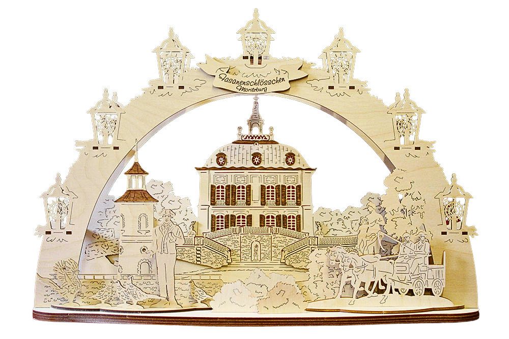 DeColibri LED Schwibbogen 3D LED Schwibbogen Dresden Moritzburg Fasanenschlösschen - m.Netzkabel, Holzkunst aus Sachsen, beleuchtet