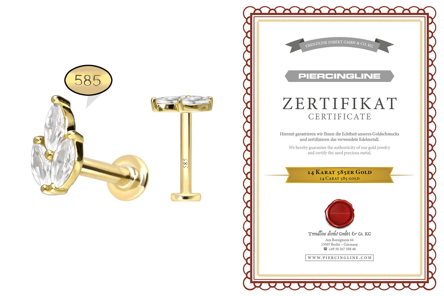 PIERCINGLINE Piercing-Set 14 Karat Gold Labret mit Push Fit MOISSANIT-LOTUSBLÜTE (Labrets, 1-tlg)