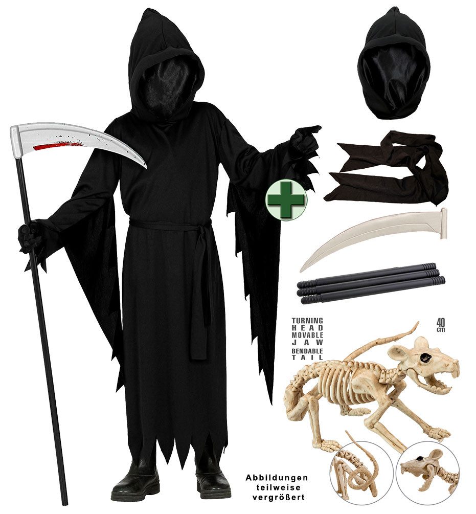 Karneval-Klamotten Kostüm Skelett Kinder Der Tod Grim Reaper Halloweenkostüm, Halloween Kapuzenumhang schwarz mit unsichtbarer Maske Unisex Karneval