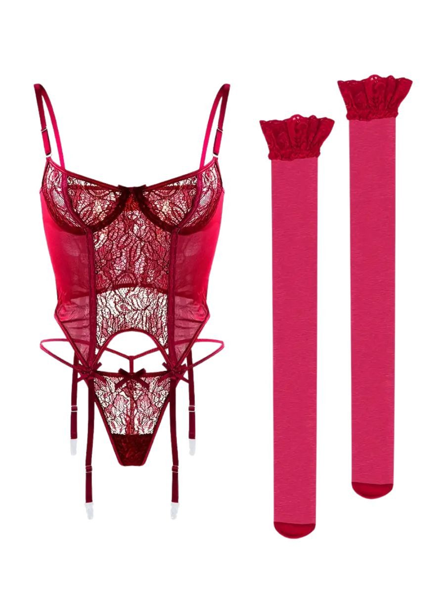 Elegant Love Set: Corsage Verführerisches Korsett, Sexy Dessous, Reizwäsche für Damen (Set, 3-tlg., korsage + Tanga + Strapsstrümpfe) Elegantes und sinnliches Spitzenkorsett – Lingerie-Set