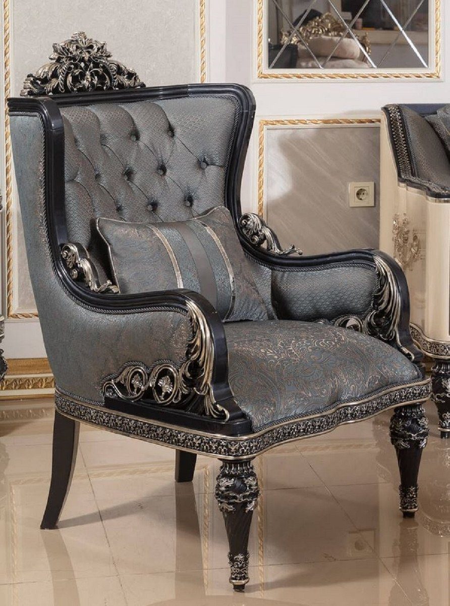 Casa Padrino Sessel Luxus Barock Sessel Hellblau / Schwarz / Gold - Handgefertigter Barockstil Wohnzimmer Sessel mit elegantem Muster - Barock Wohnzimmer Möbel - Edel & Prunkvoll