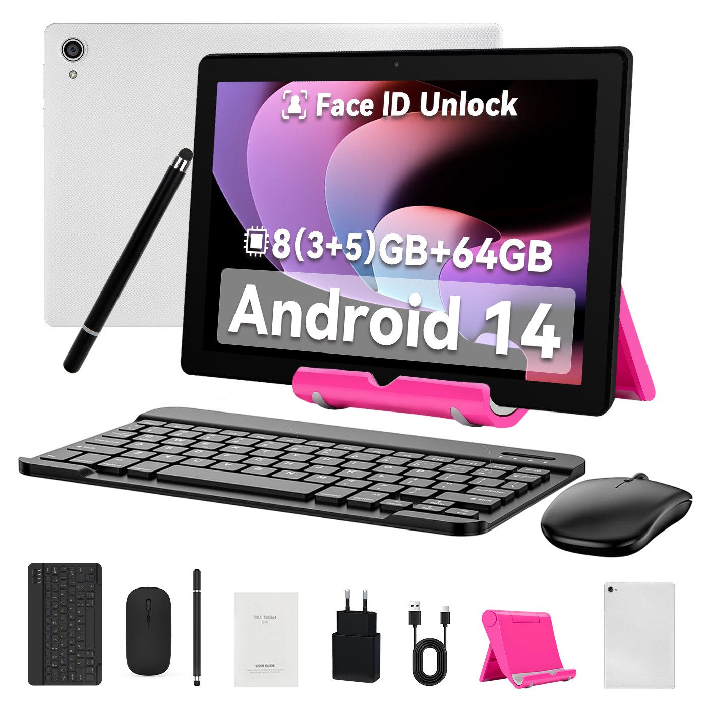 Happybe 10,1 Zoll 64GB, Android 14, HD 1280x800, mit Tastatur, Maus und Stylus Tablet (10", 64 GB, Android, WiFi6, 8GB RAM, Octa-Core, Komplettset mit Tastatur/Stift/Maus/Ständer)