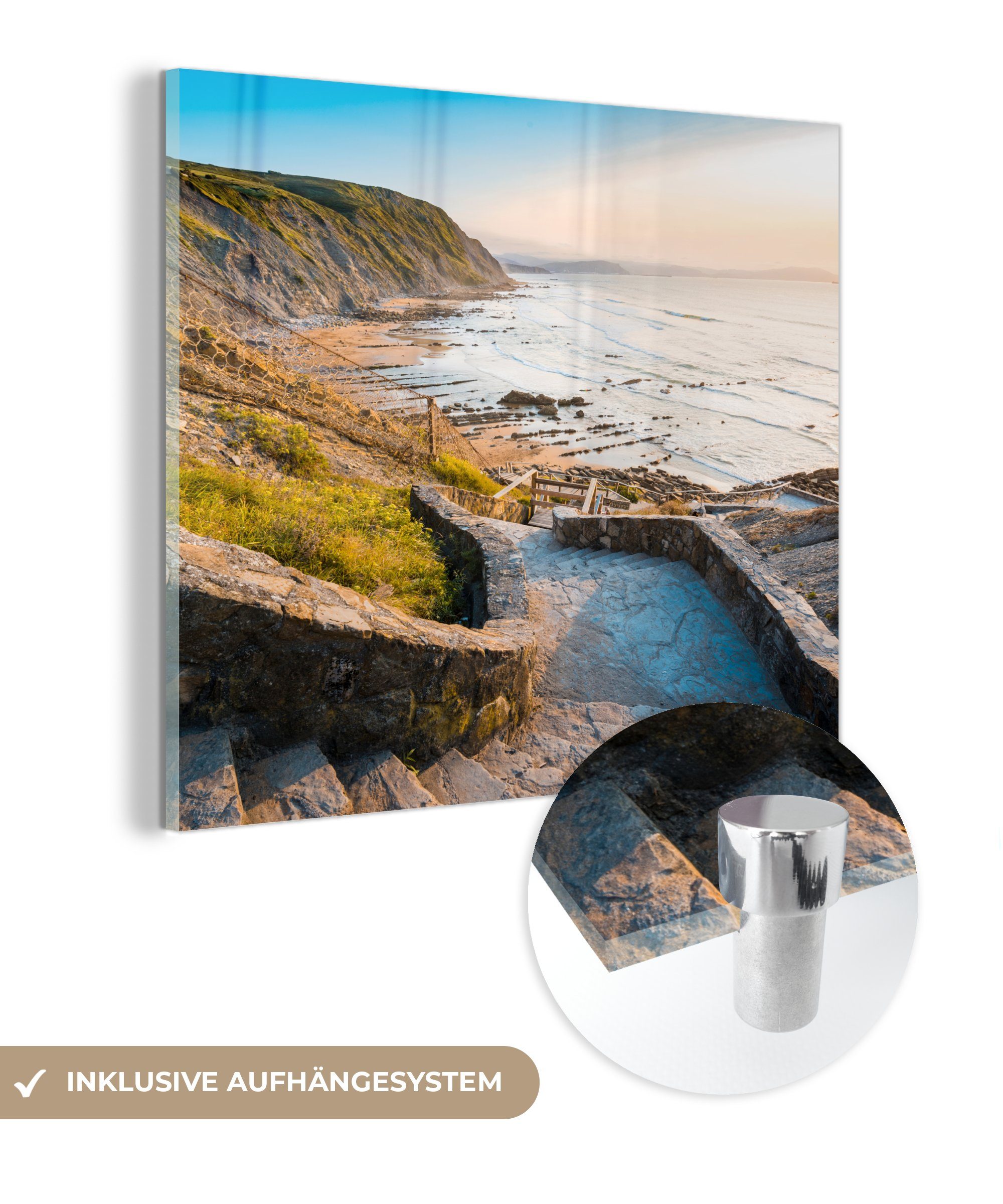 MuchoWow Acrylglasbild Meer - Treppe - Steine, (1 St), Glasbilder - Bilder auf Glas Wandbild - Foto auf Glas - Wanddekoration