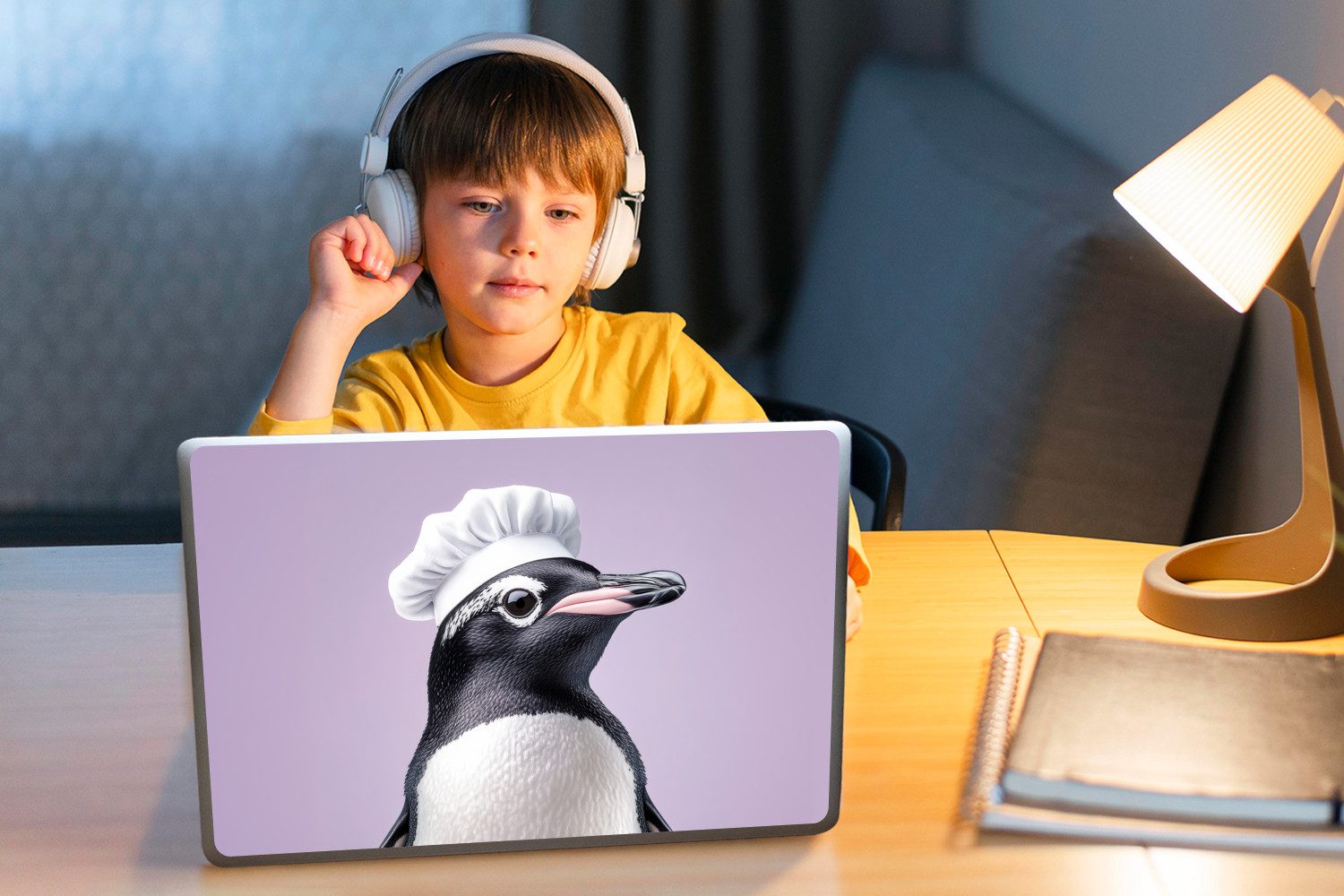 MuchoWow Laptop-Aufkleber Pinguin - Kochmütze - Lieb - Lila, (1tlg), Laptop Folien Cover, Aufkleber, Sticker, Schutz vor Kratzern, 25x18 cm