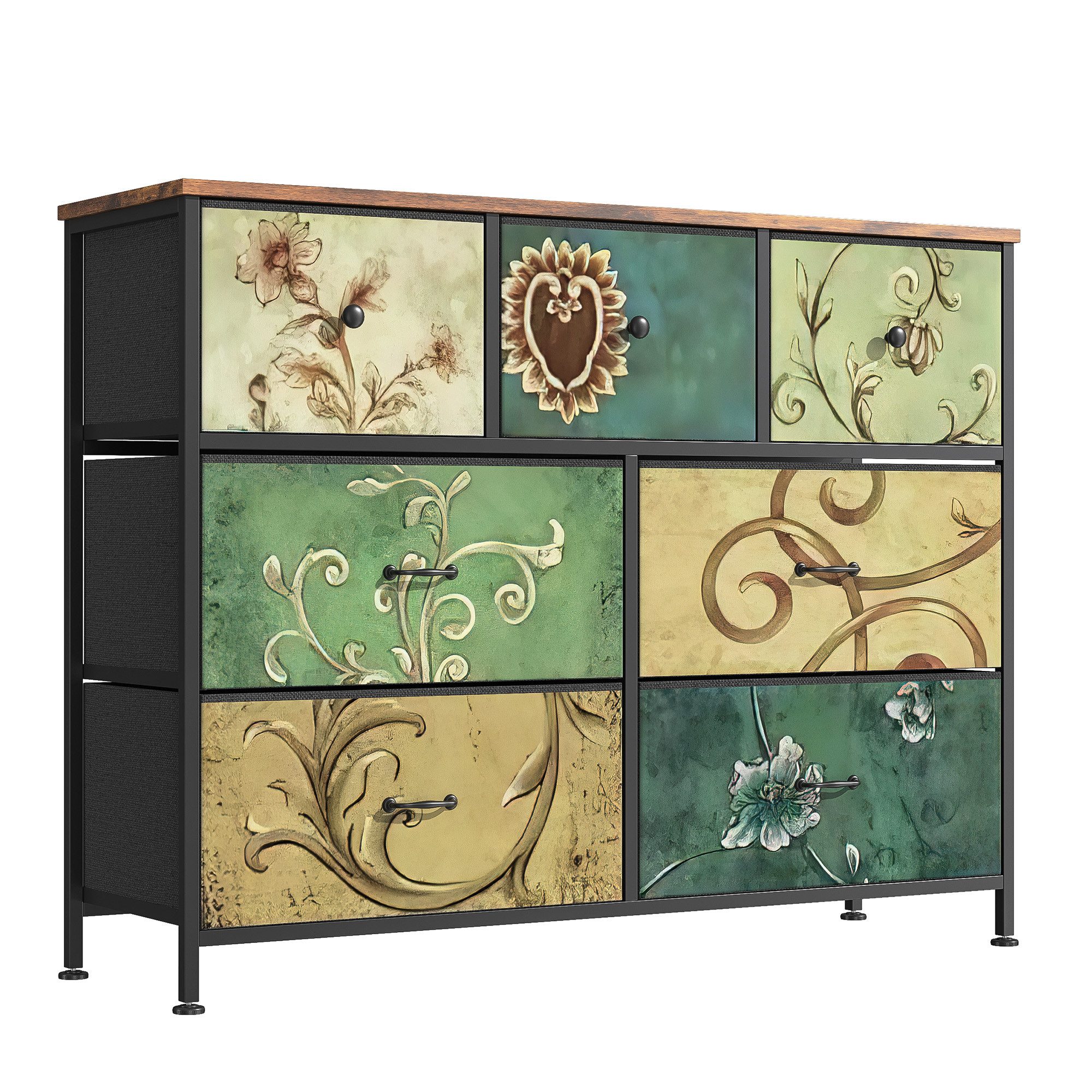 FUROKOY Kommode Stauraumschrank,Schrank Schlafzimmer,Metallrahmen,Retro Stil, Blumenmuster,7 Schubladen