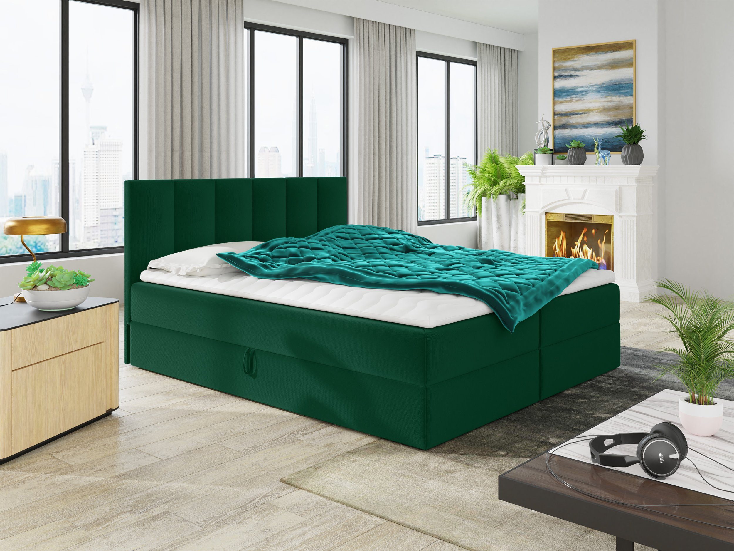 Sofnet Boxbett Star (mit zwei Bettkästen, Bonell-Matratze und Topper), Doppelbett, Polsterbett mit Kopfteil, Boxspringbett