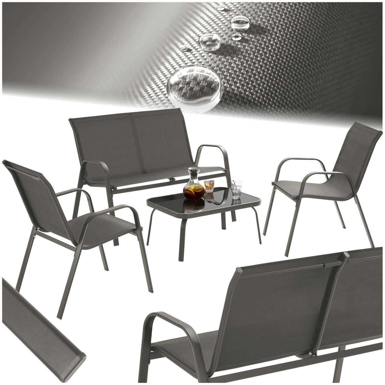 tectake Gartenlounge-Set Outdoor-Lounge für 4 Personen, mit getönter Sicherheitsglasplatte, (Garten-Sitzgruppe Nora, 4-tlg., in anthrazit), Textilene atmungsaktiv/wasserabweisend, pulverbesch. Stahlgestelle