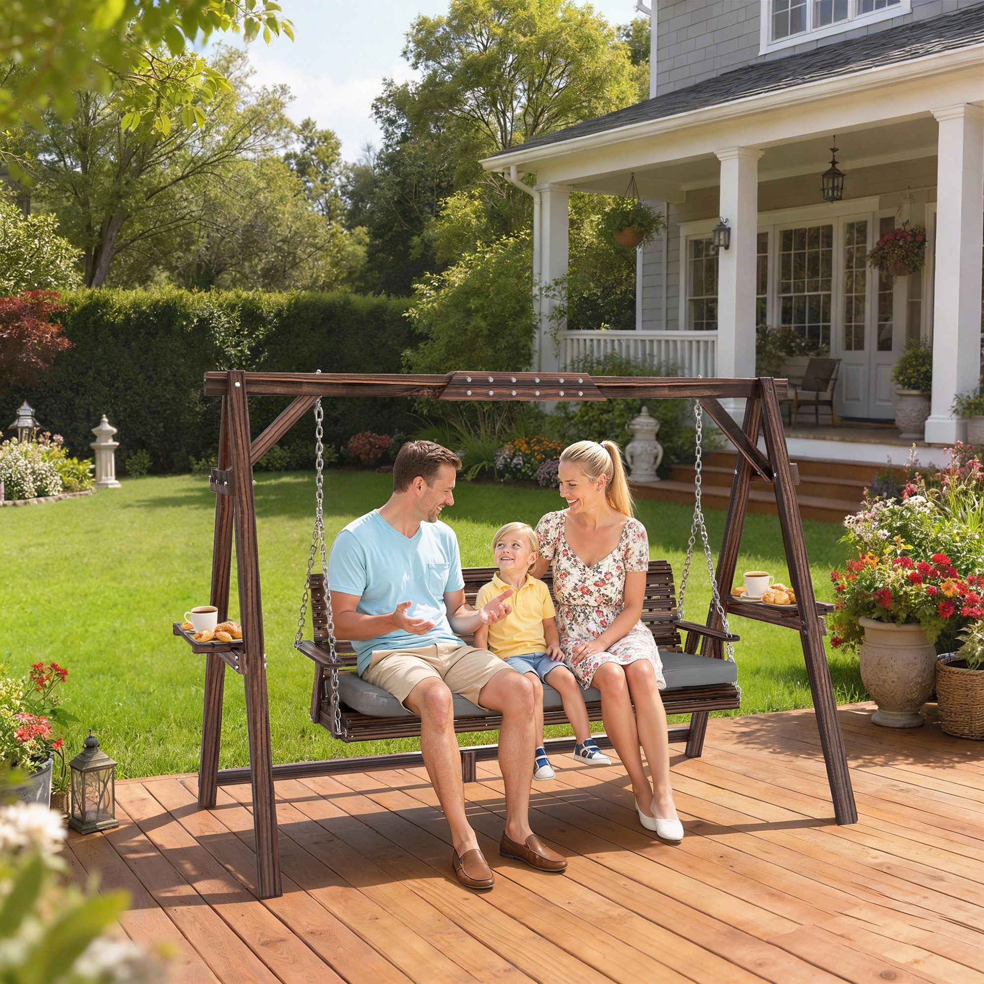 Outsunny Hollywoodschaukel mit Sitzauflage Ablagen, 3-Sitzer, verstellbare Sitzhöhe, Schaukelfunktion, Ablage, Gartenschaukel, 1 tlg., Holzschaukel, 243 x 134 x 170cm, Verkohlt