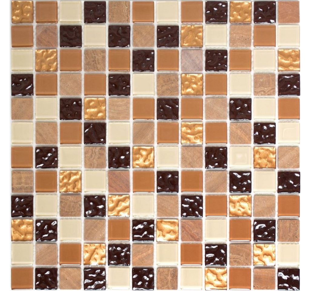 Thumbnail - Mosani Mosaikfliesen selbstklebende Naturstein Glas Fliesen 30x30 cm Fliesenaufkleber, Beige Braun Gold, Spritzwasserb...